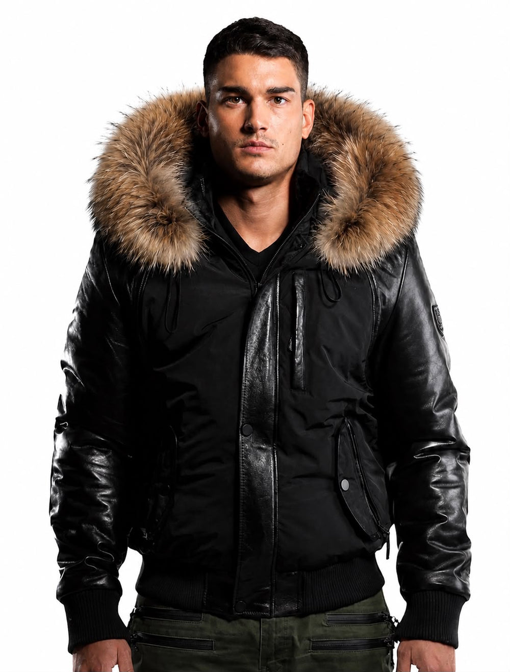 Victor Men's Winter Jacket Leather Sleeves With Natural Fur