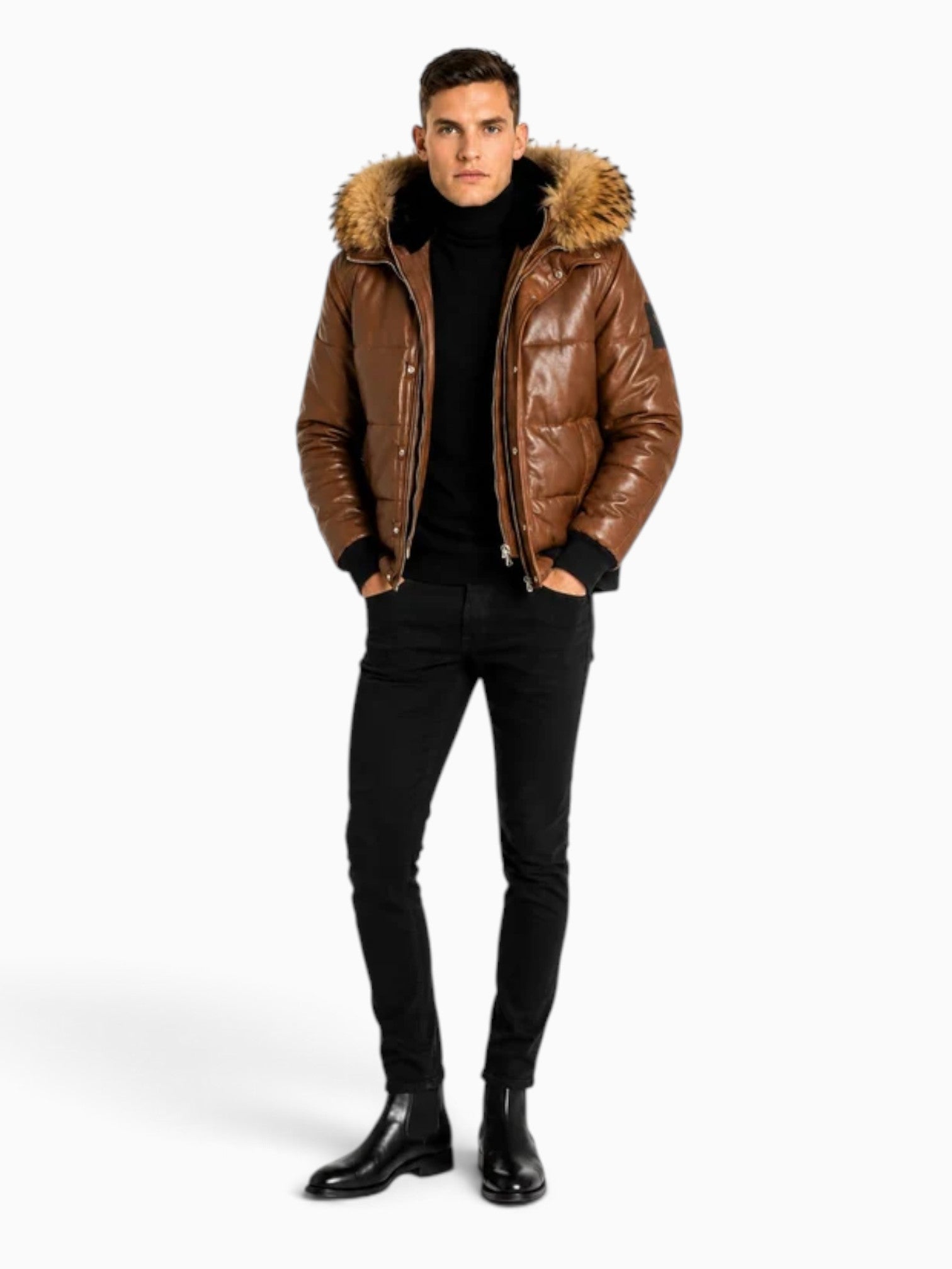 Lorenzo Genuine Leather Winter Puffer Jacket with Removable Hood & Natural Fur Trim-thumbmail-1
