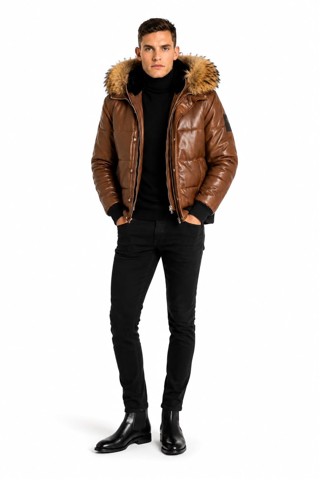 Lorenzo Genuine Leather Winter Puffer Jacket with Removable Hood & Natural Fur Trim-thumbmail-5