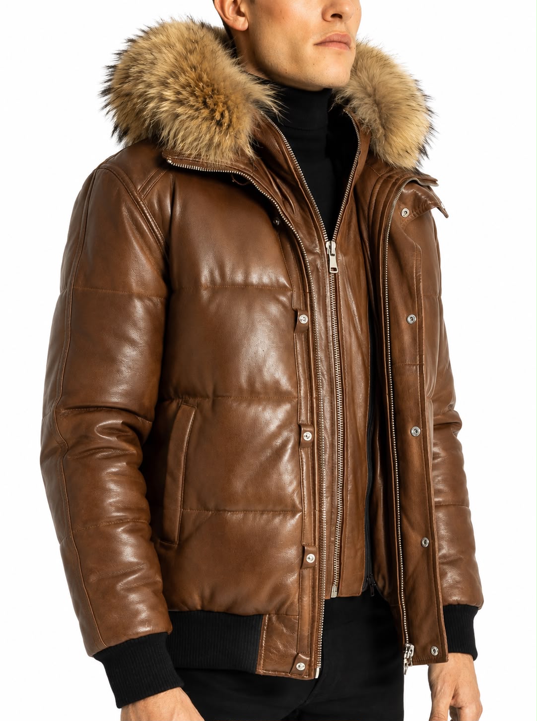 Lorenzo Genuine Leather Winter Puffer Jacket with Removable Hood & Natural Fur Trim-thumbmail-4