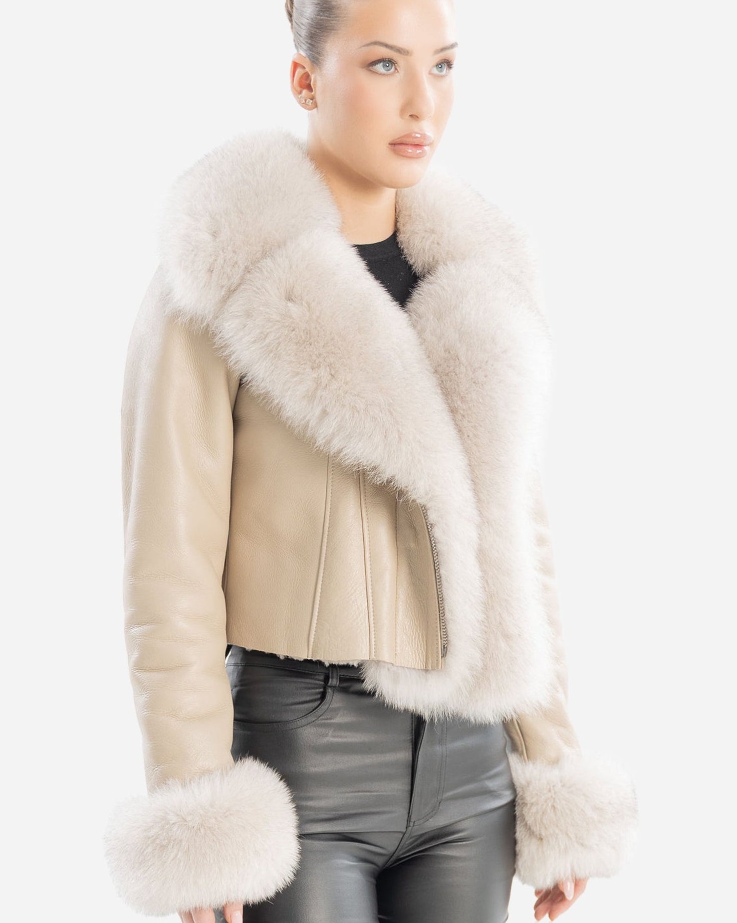QUINN BEIGE SHEARLING JACKET WITH FOX COLLAR-thumbmail-2