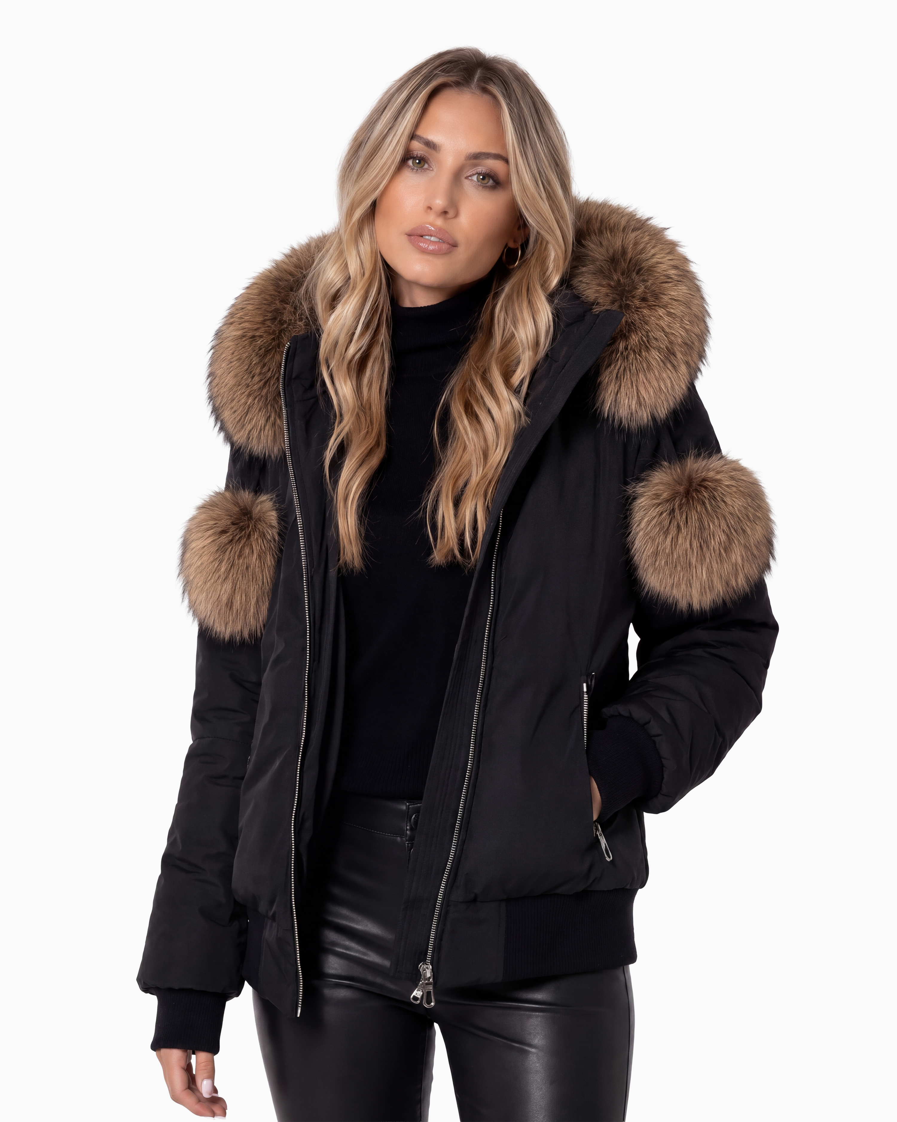ARIA Brown Fox Fur Bomber Jacket