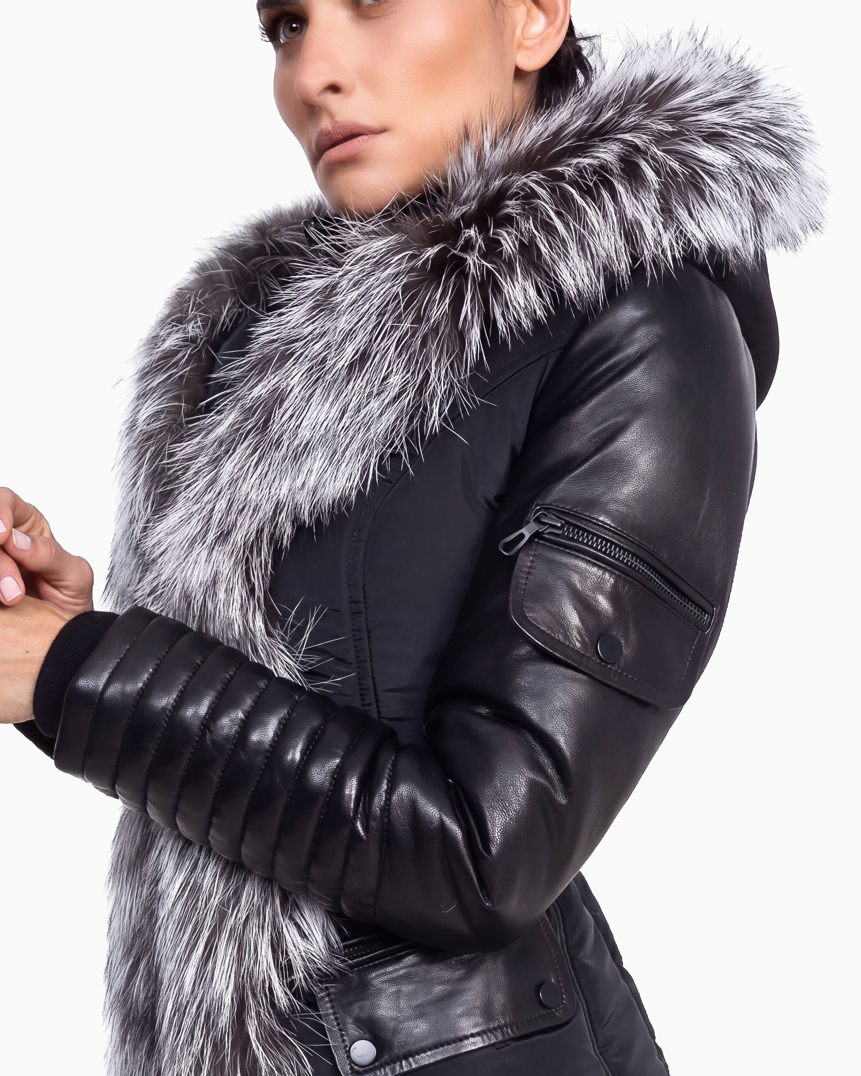 Kim Leather Sleeve Jacket with Silver Fox Fur-thumbmail-4