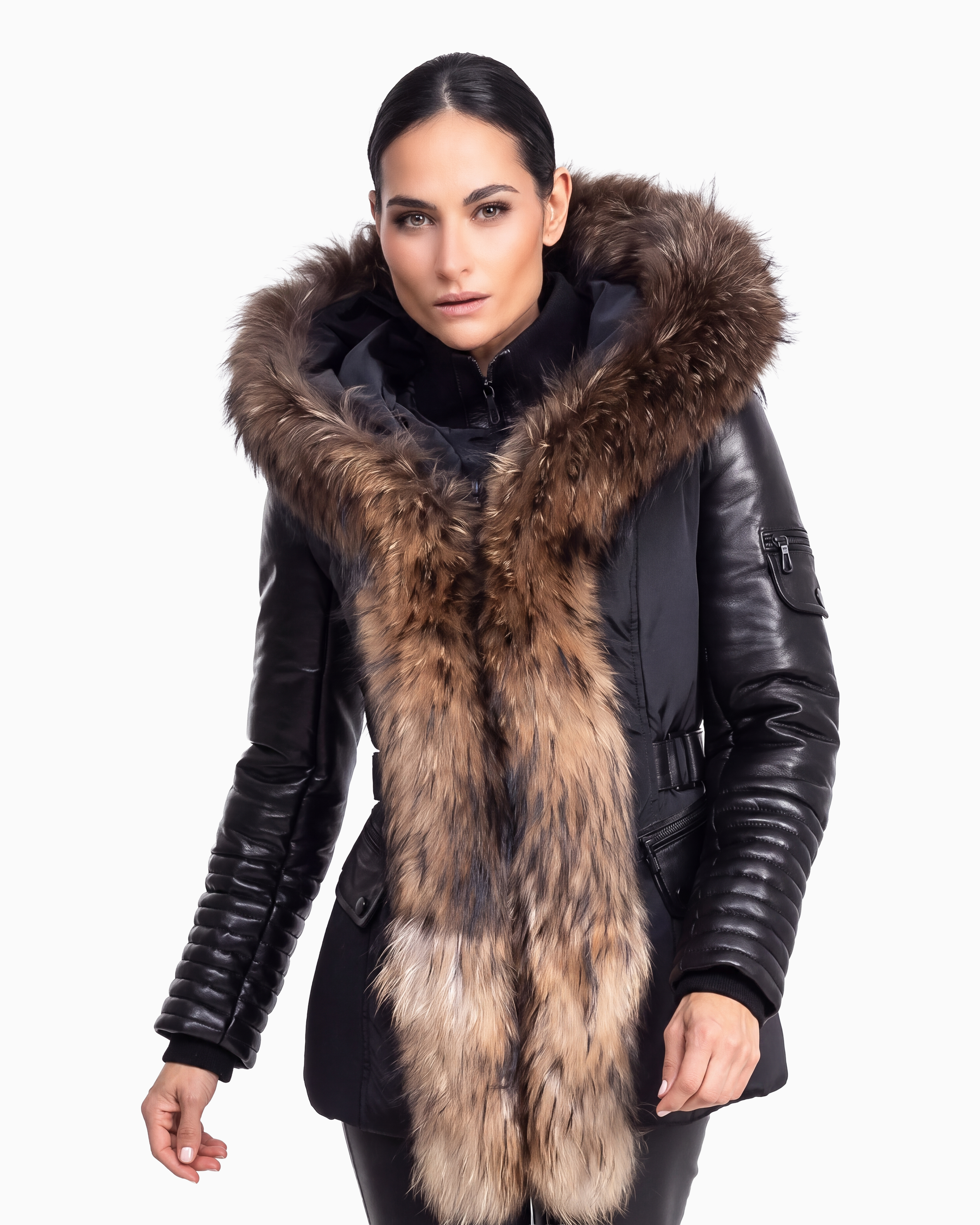 Kim Leather Sleeve Jacket With Natural Fur