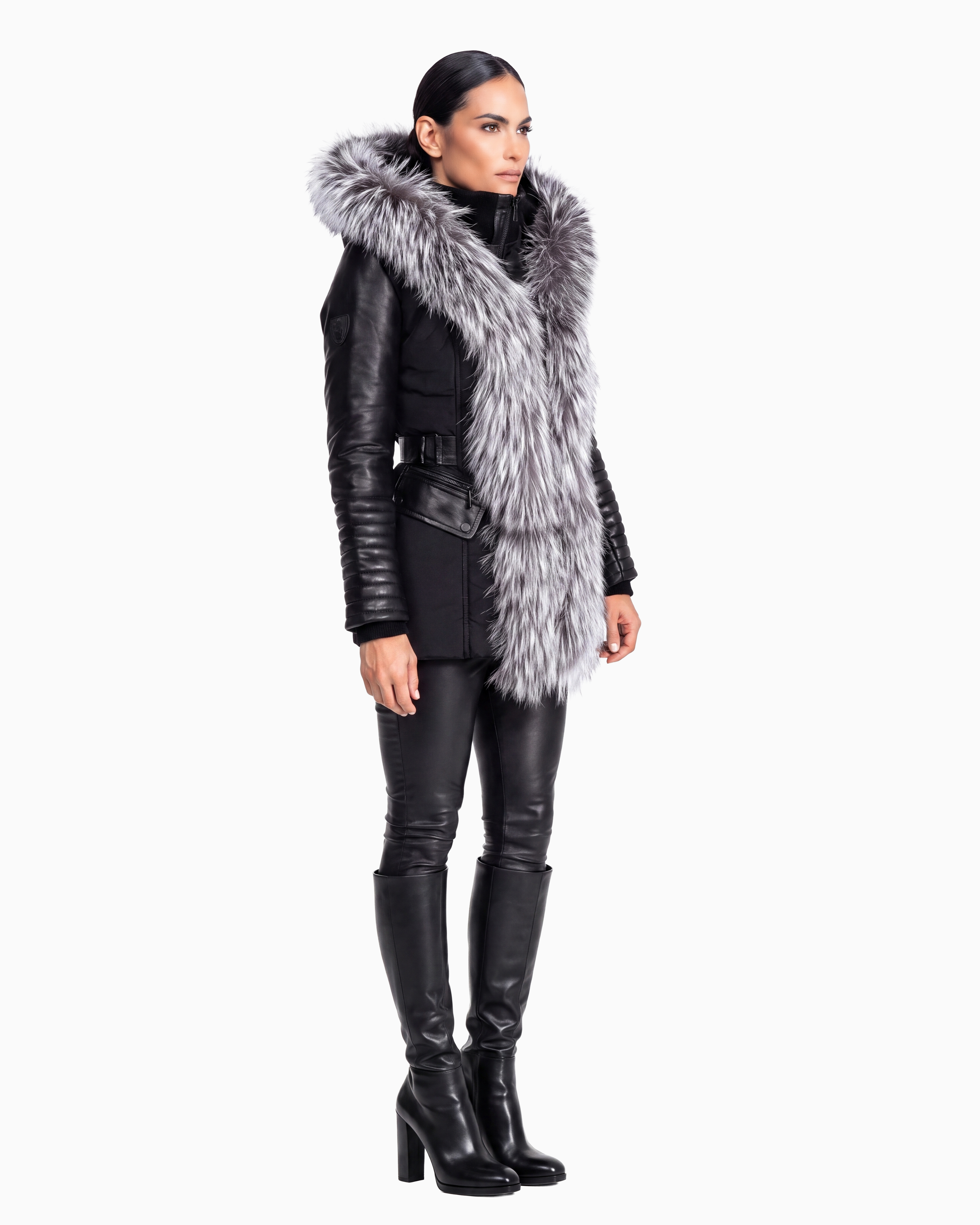Kim Leather Sleeve Jacket with Silver Fox Fur