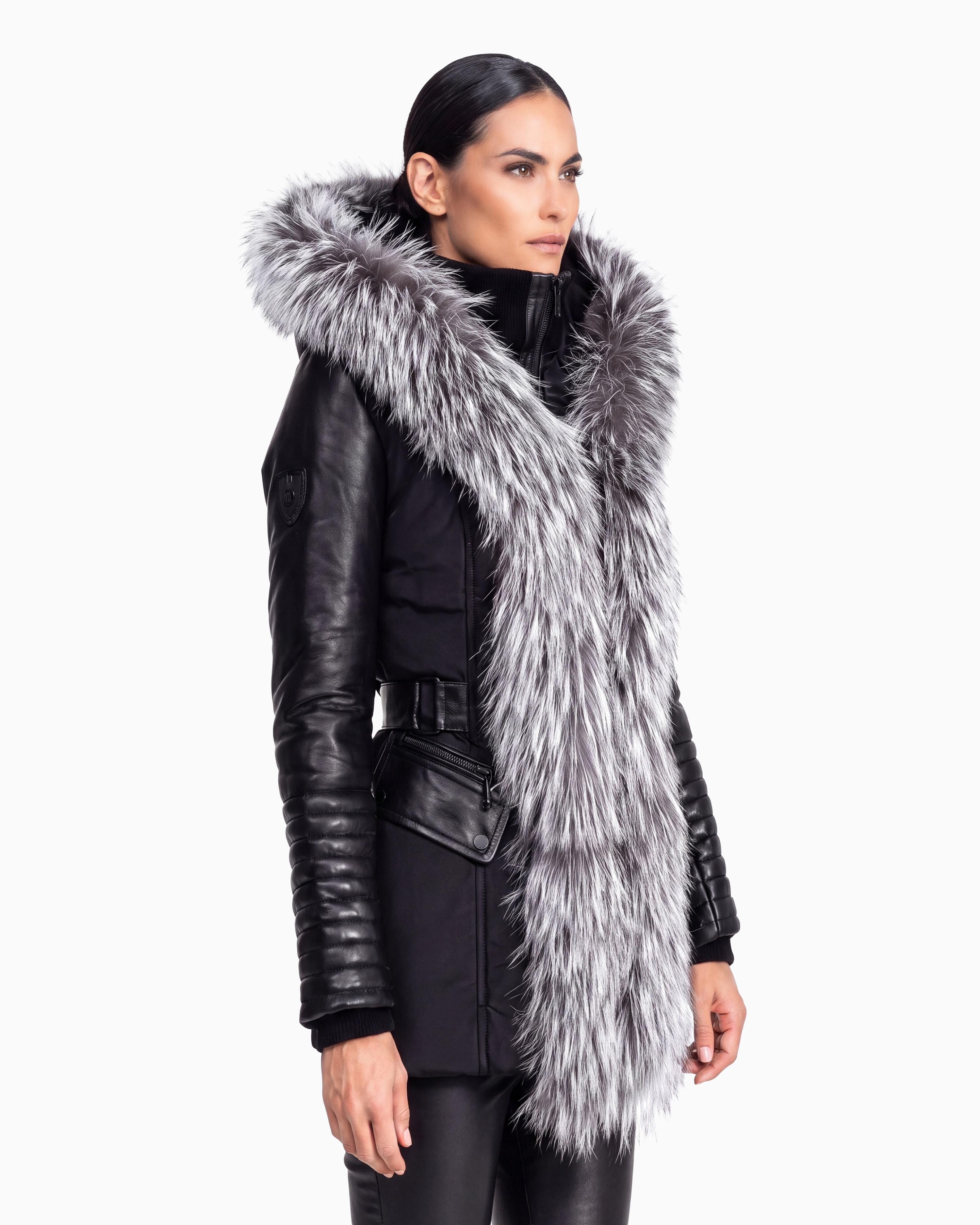 Kim Leather Sleeve Jacket with Silver Fox Fur