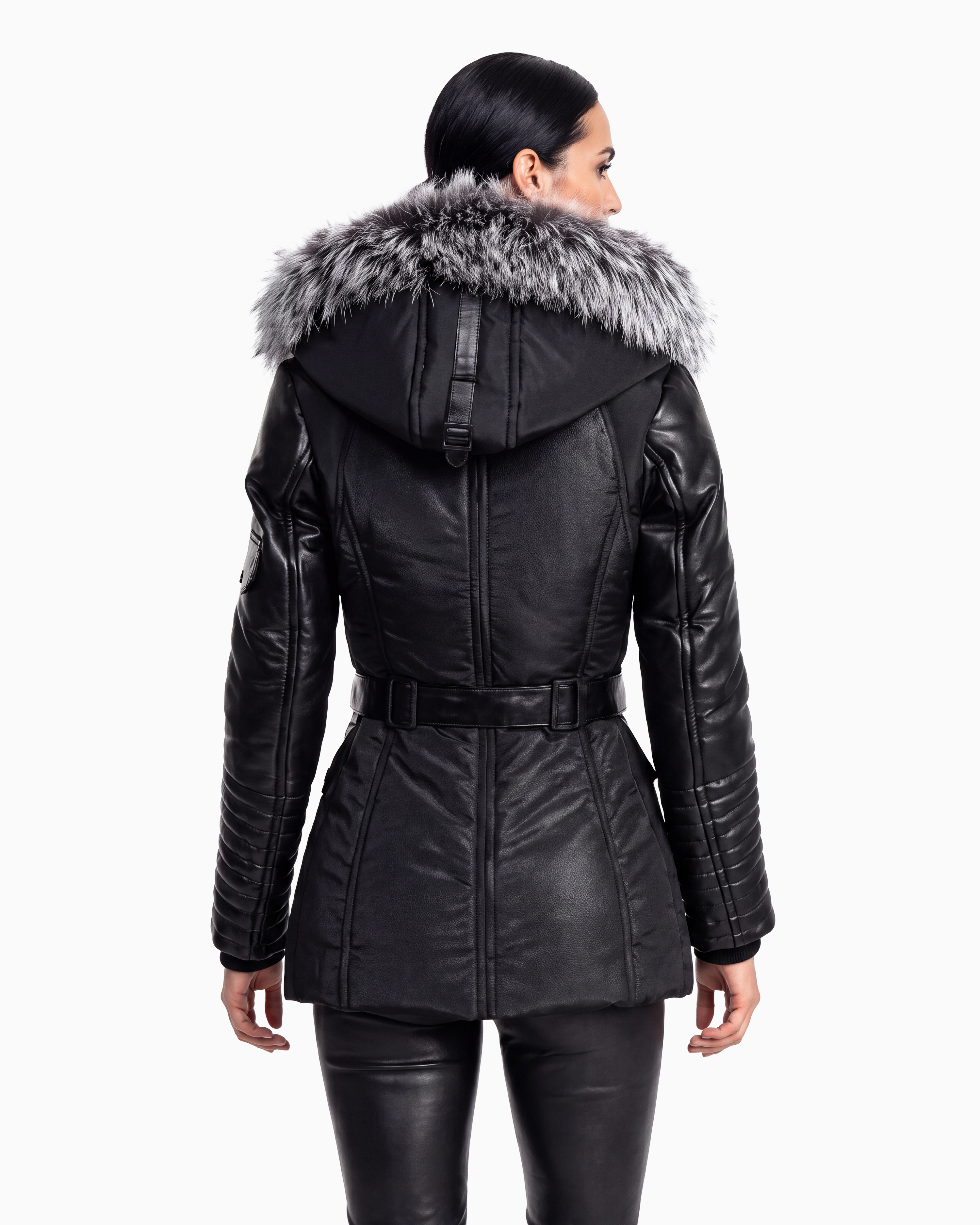Kim Leather Sleeve Jacket with Silver Fox Fur-thumbmail-3