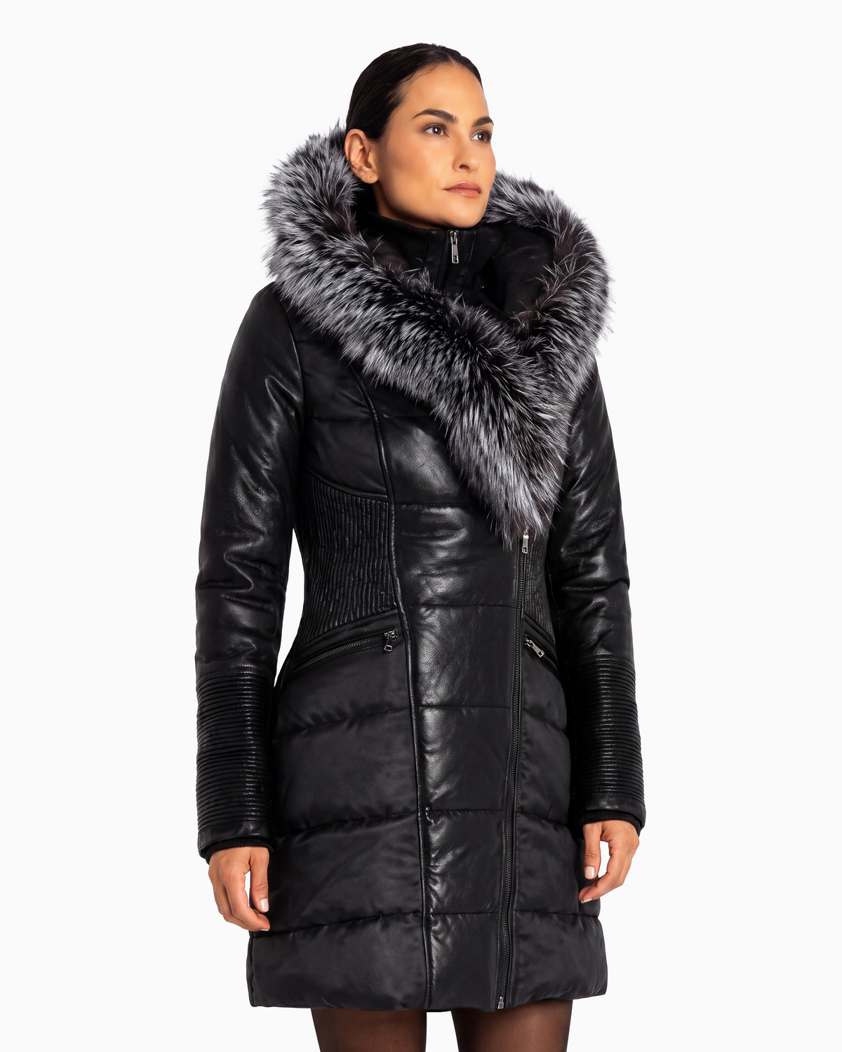 Kylie Leather & Silver Fox Fur Winter Coat-thumbmail-3