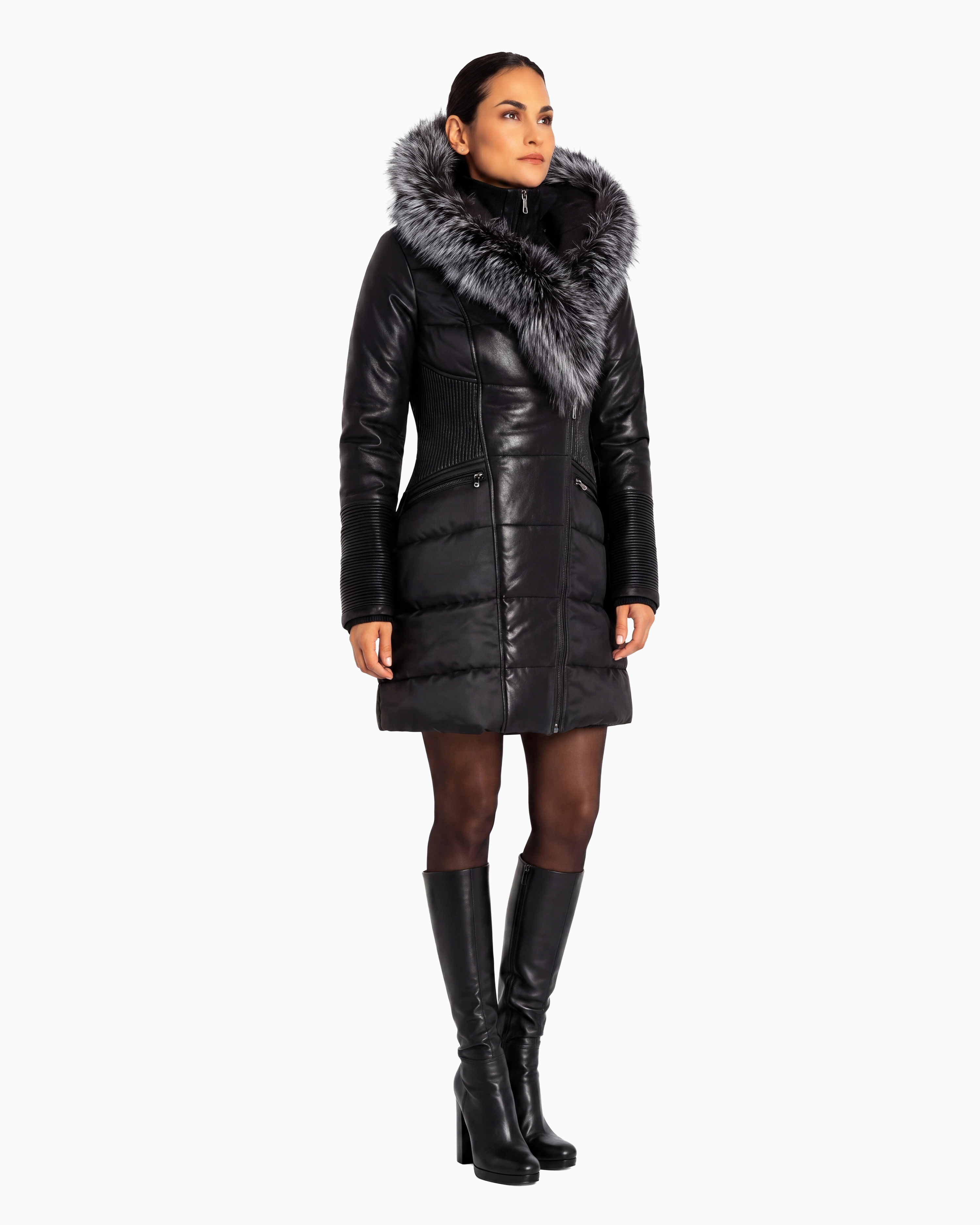 Kylie Leather & Silver Fox Fur Winter Coat