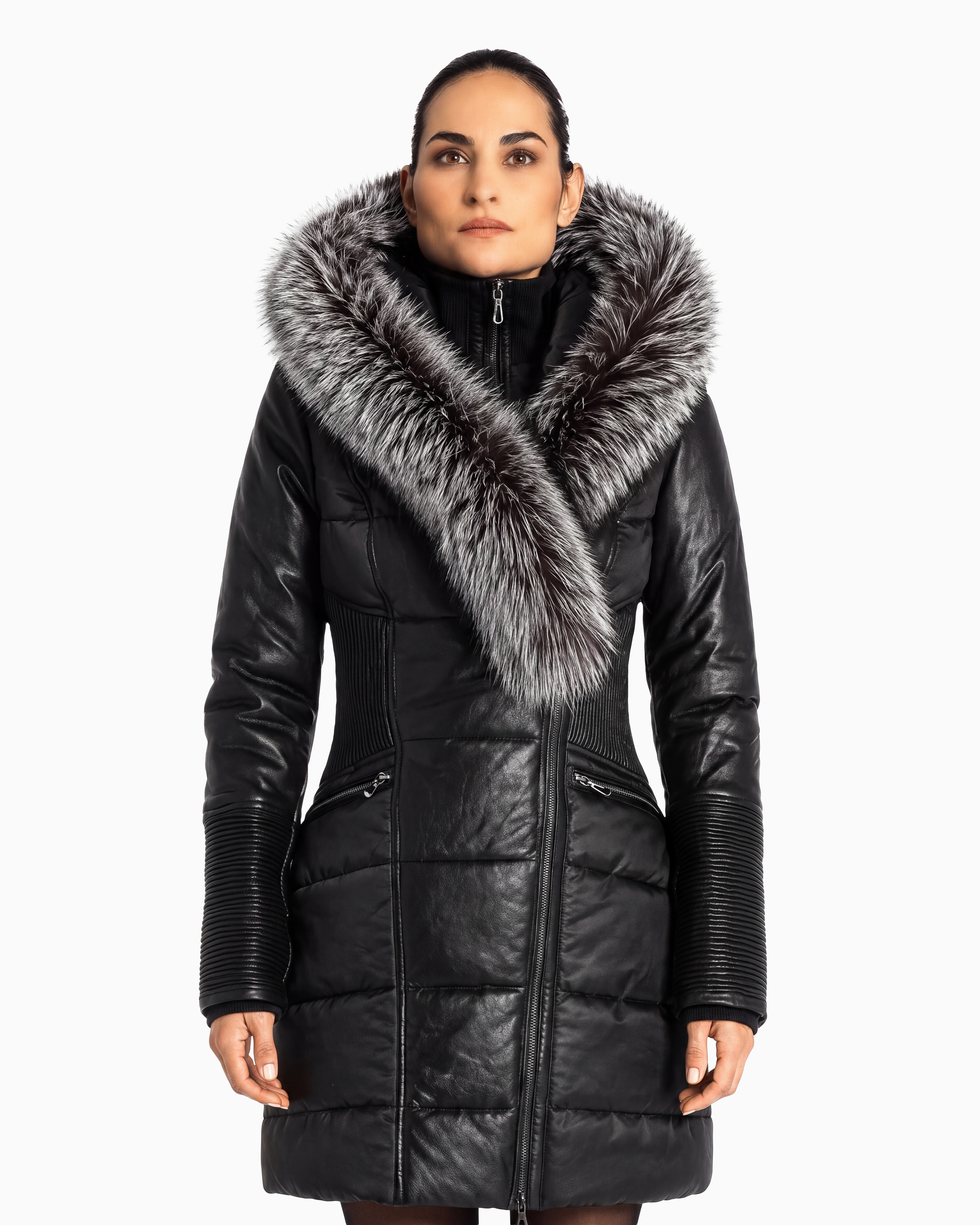 Kylie Leather & Silver Fox Fur Winter Coat