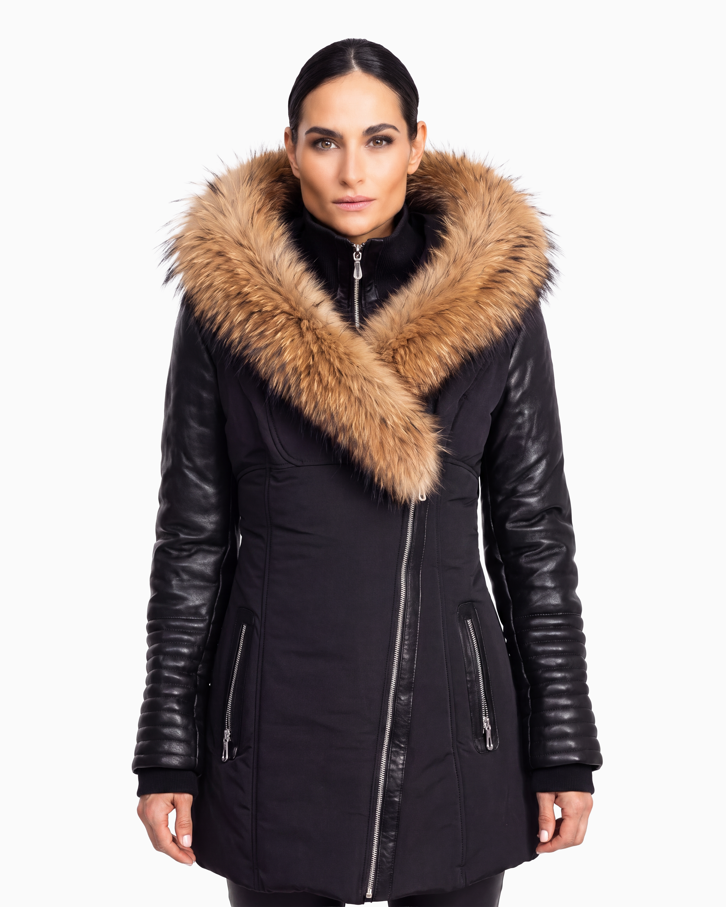 Melania - Natural Fur Down Puffer with Leather Sleeves