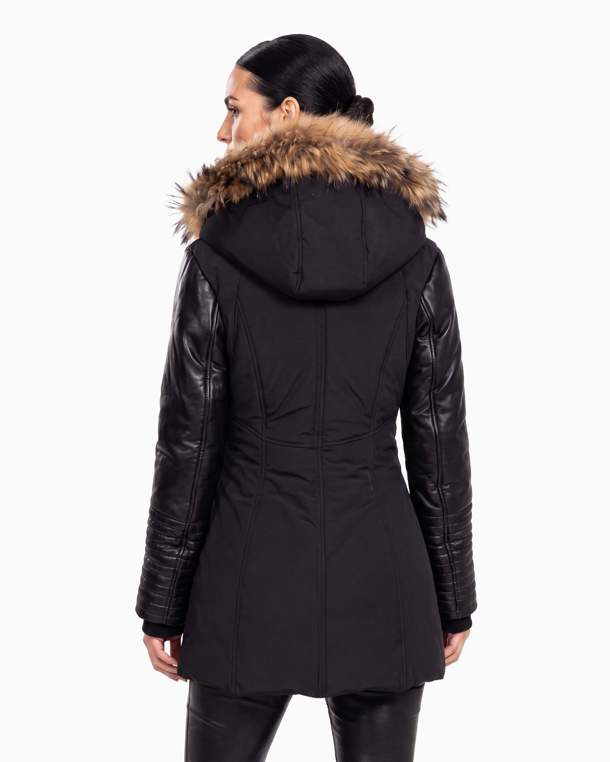Melania - Natural Fur Down Puffer with Leather Sleeves-thumbmail-3