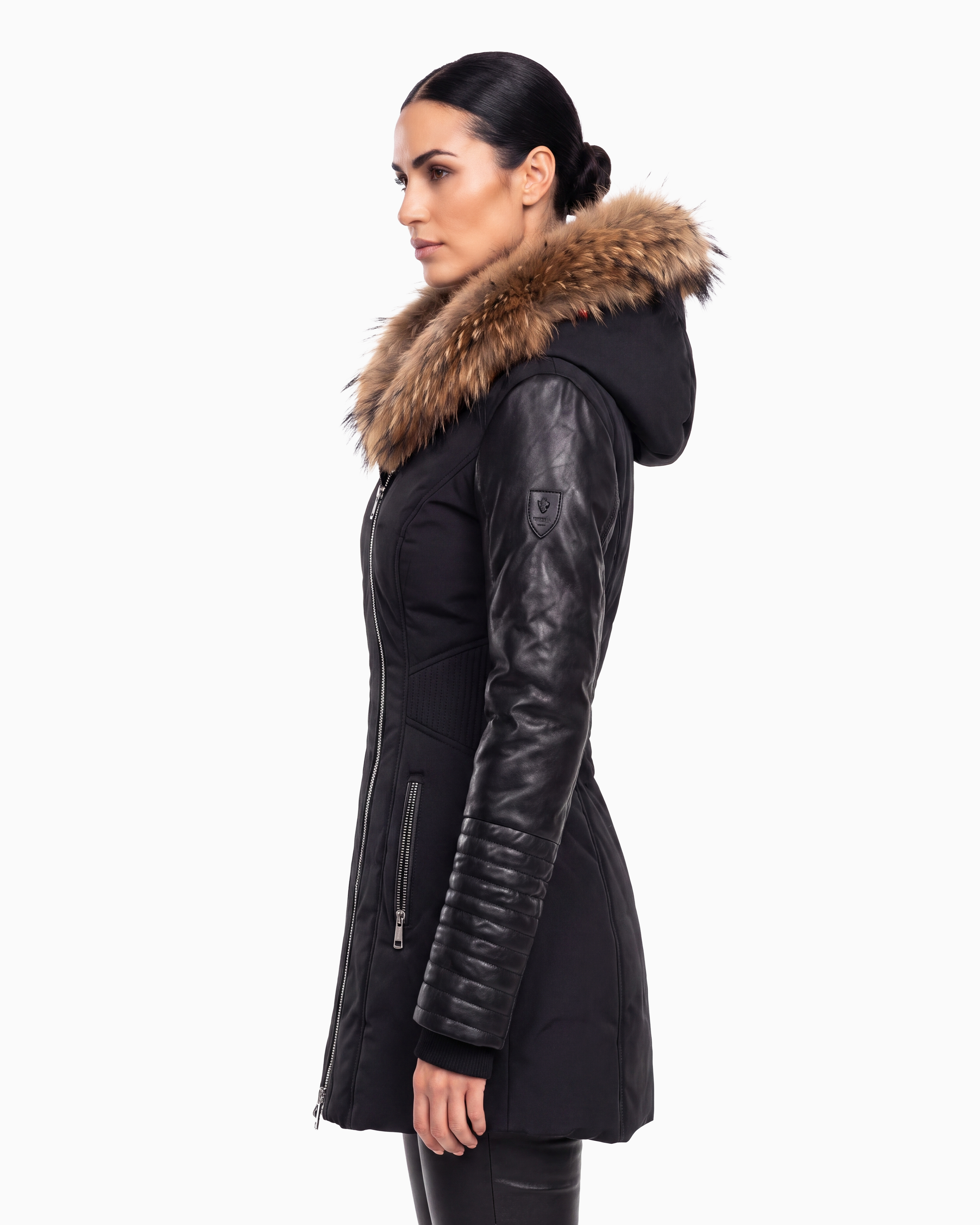 Melania - Natural Fur Down Puffer with Leather Sleeves