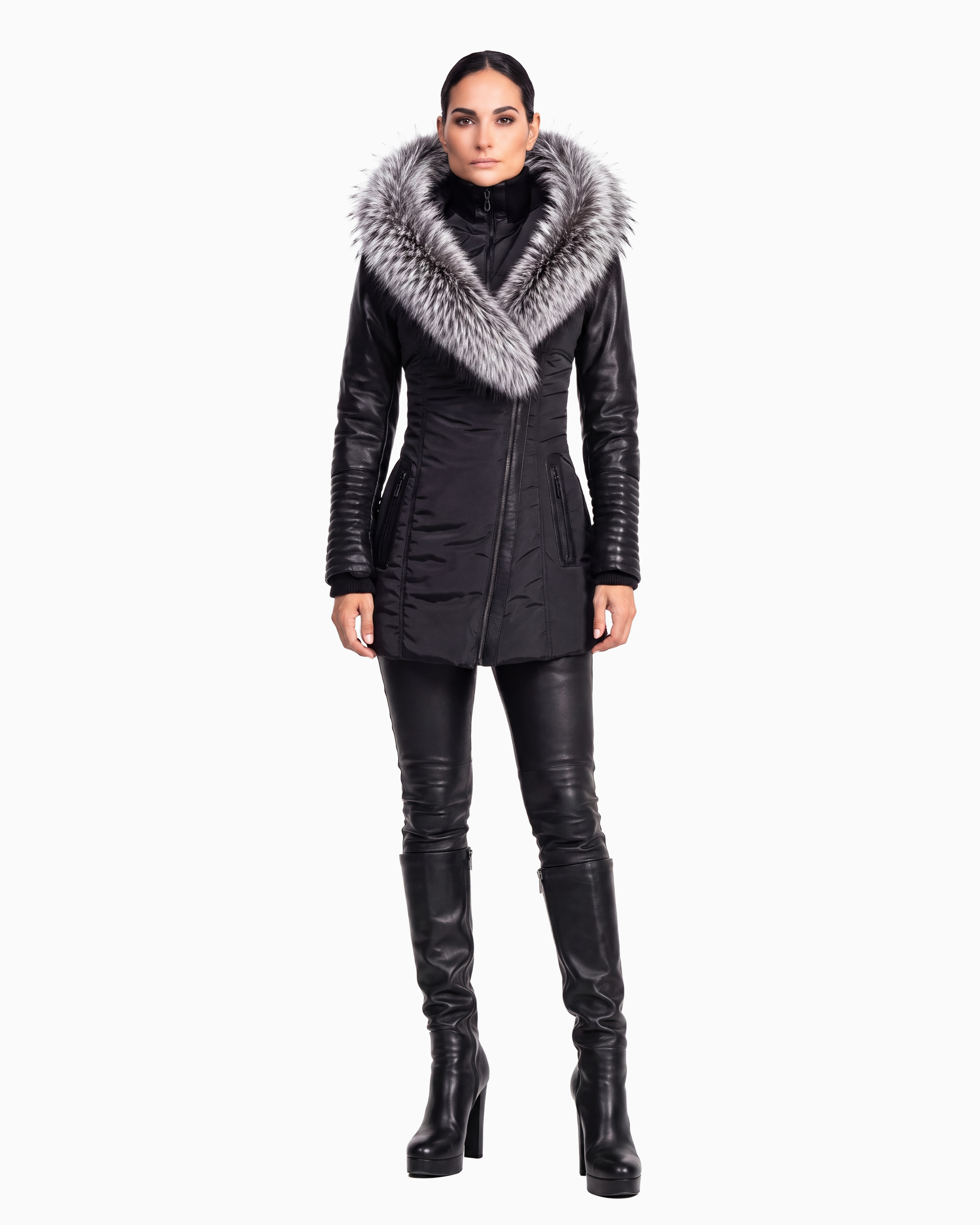 Melania - Silver Fox Puffer Jacket With Leather Sleeves