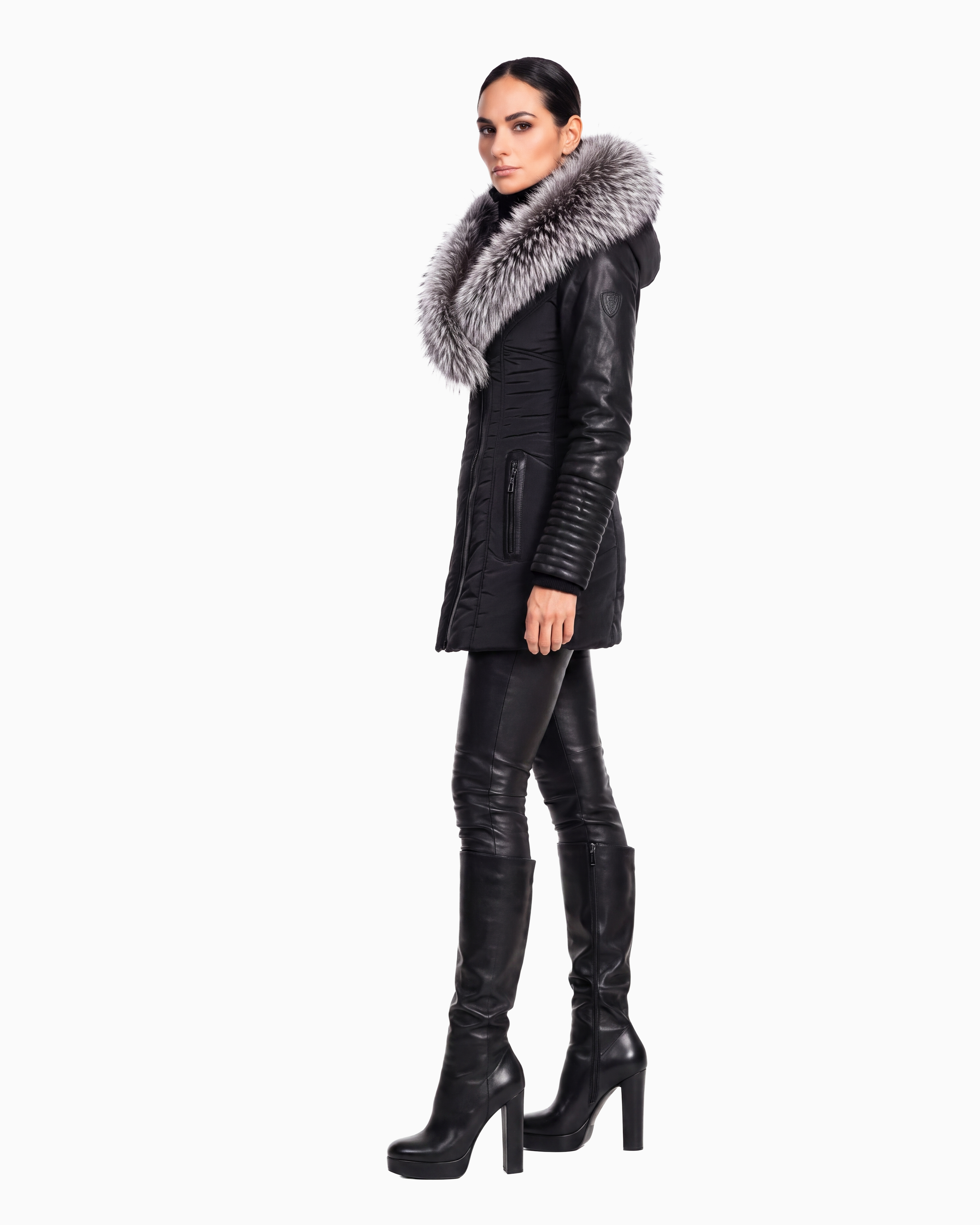 Melania - Silver Fox Puffer Jacket With Leather Sleeves-thumbmail-3