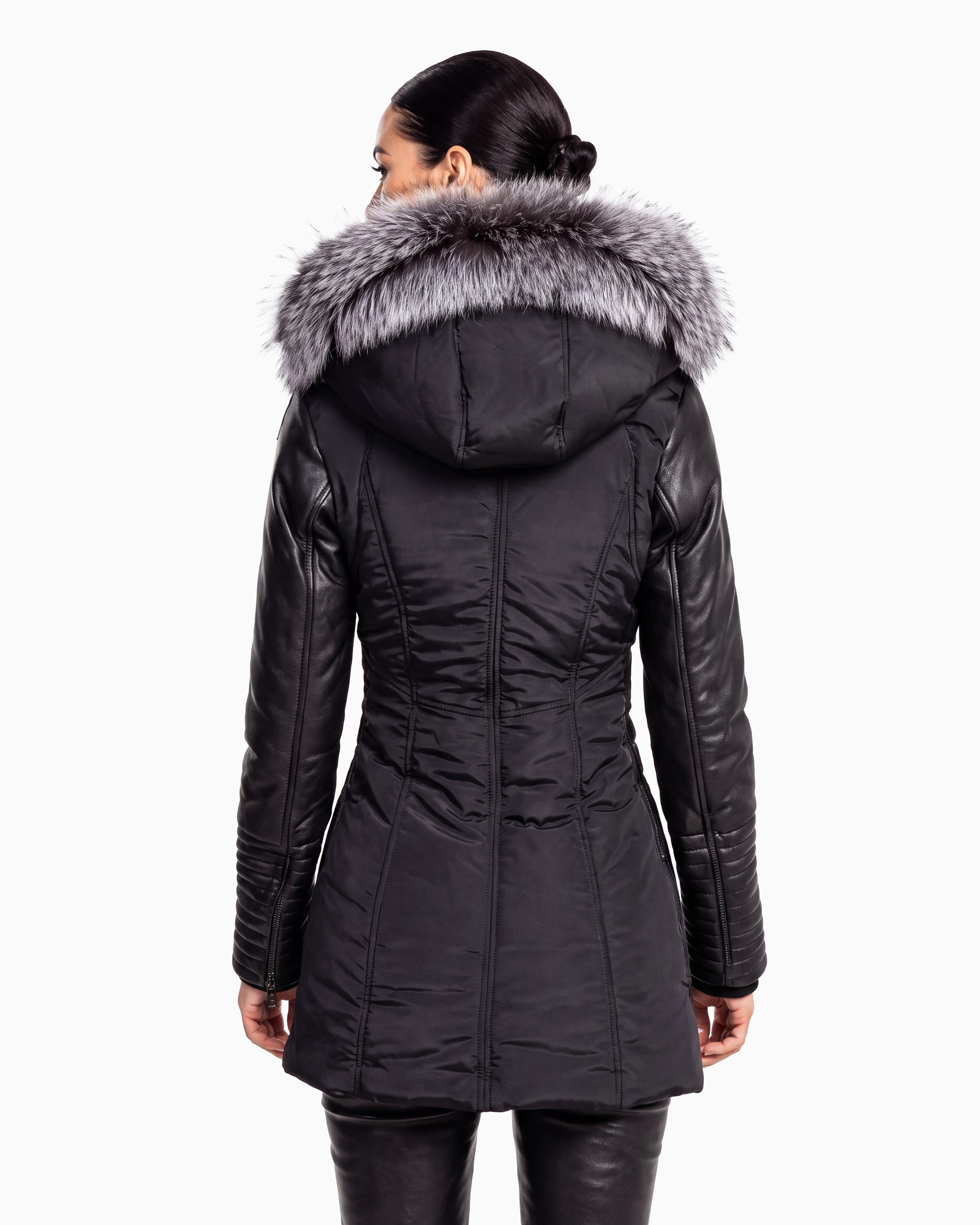 Melania - Silver Fox Puffer Jacket With Leather Sleeves-thumbmail-4
