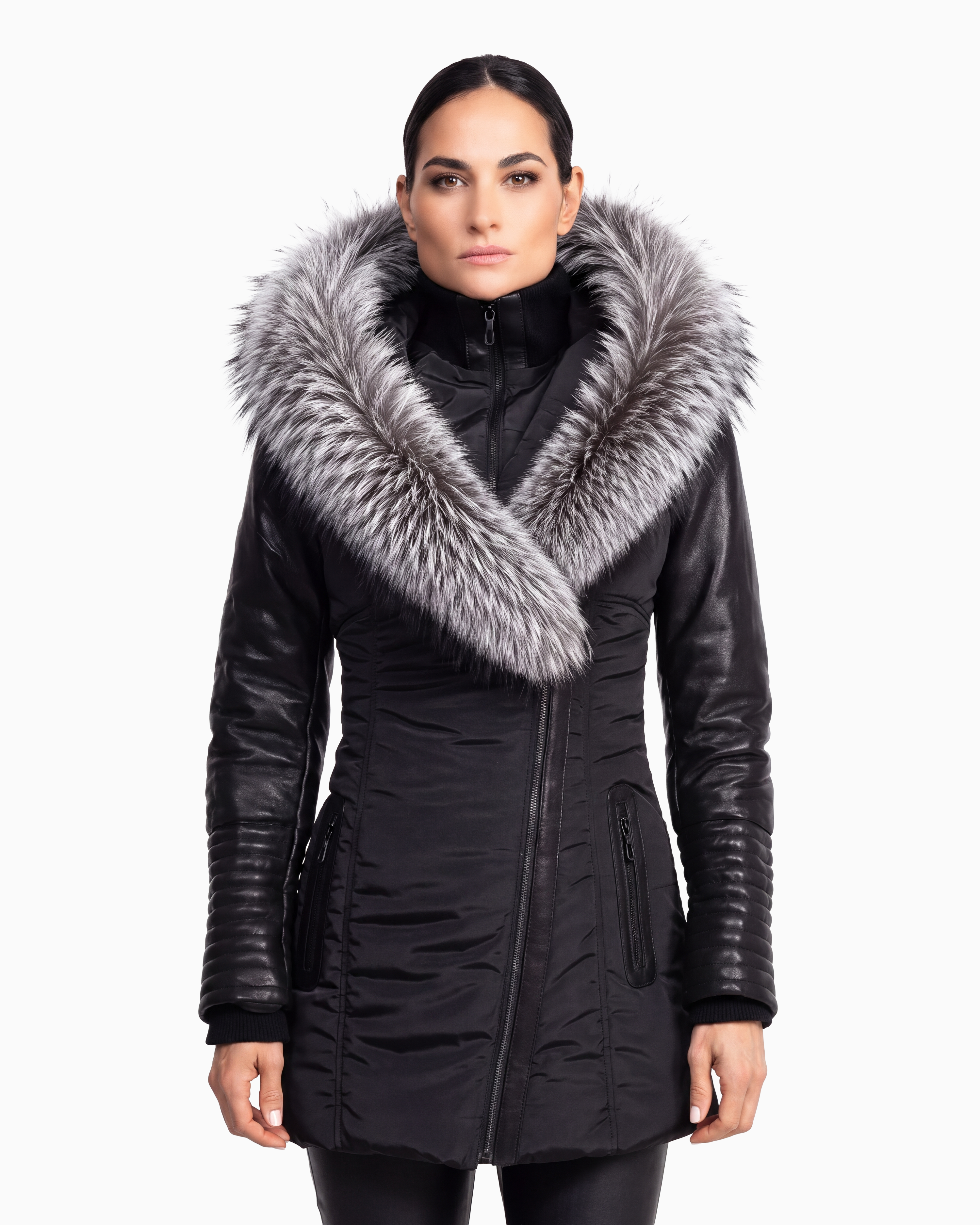Melania - Silver Fox Puffer Jacket With Leather Sleeves