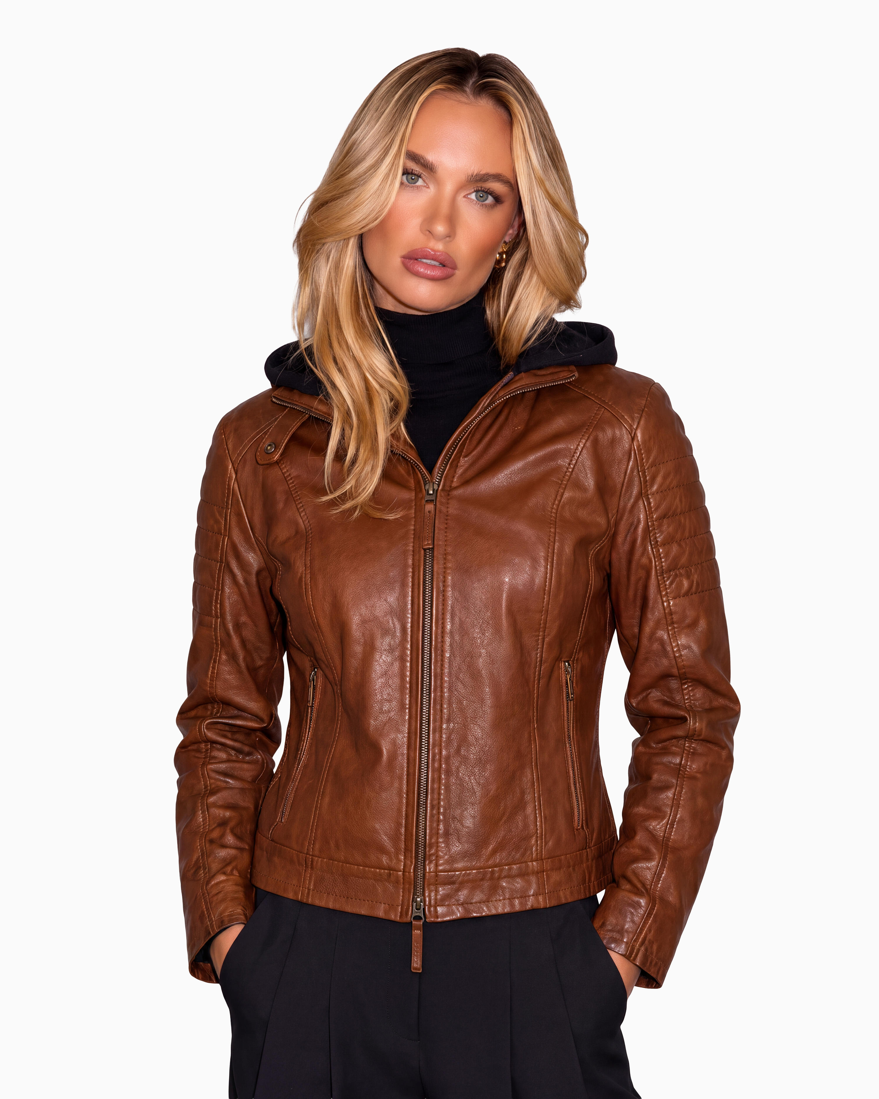 REBECCA BIKER Leather Jacket with Removable Hoodie