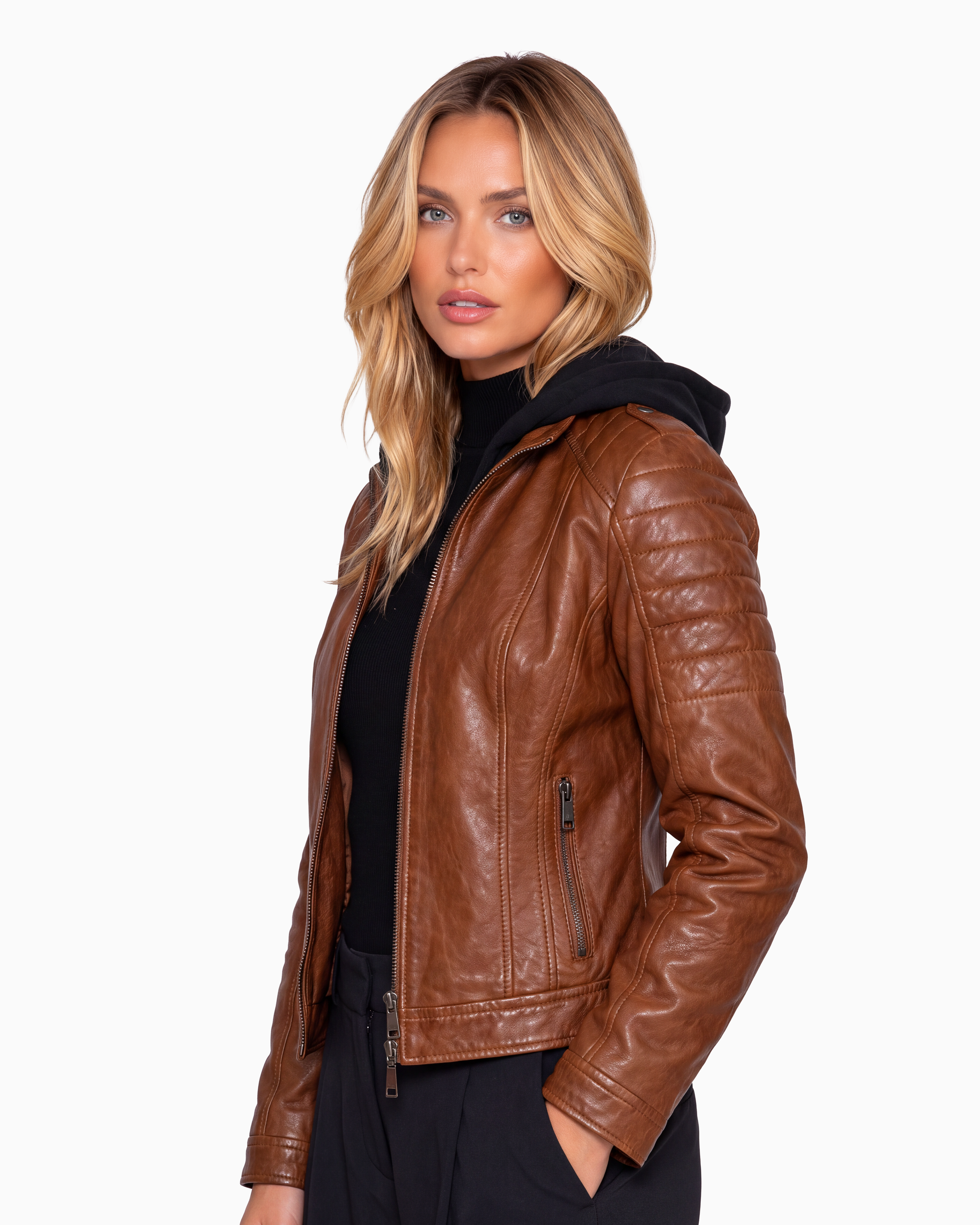 REBECCA BIKER Leather Jacket with Removable Hoodie-thumbmail-3
