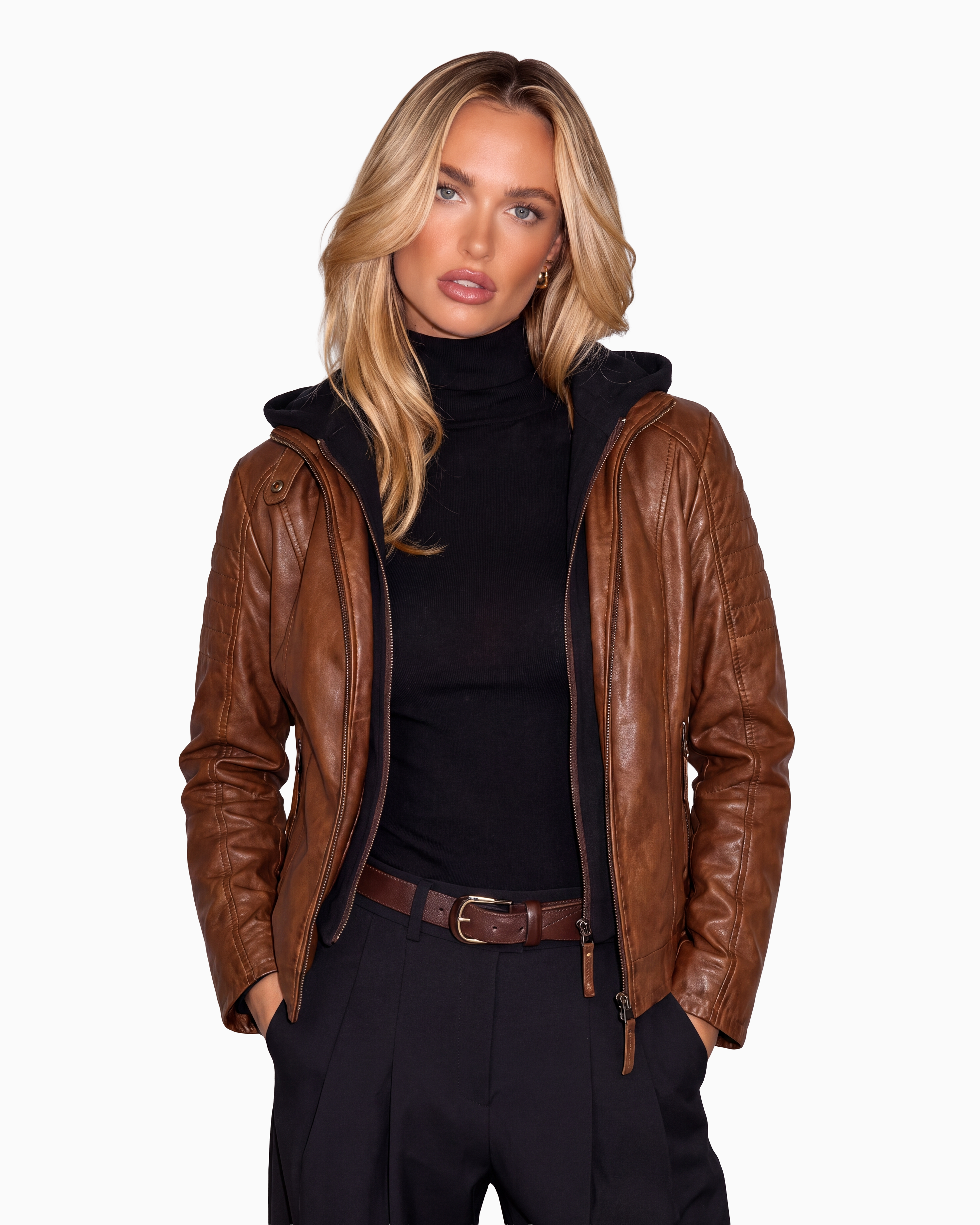 REBECCA BIKER Leather Jacket with Removable Hoodie-thumbmail-4