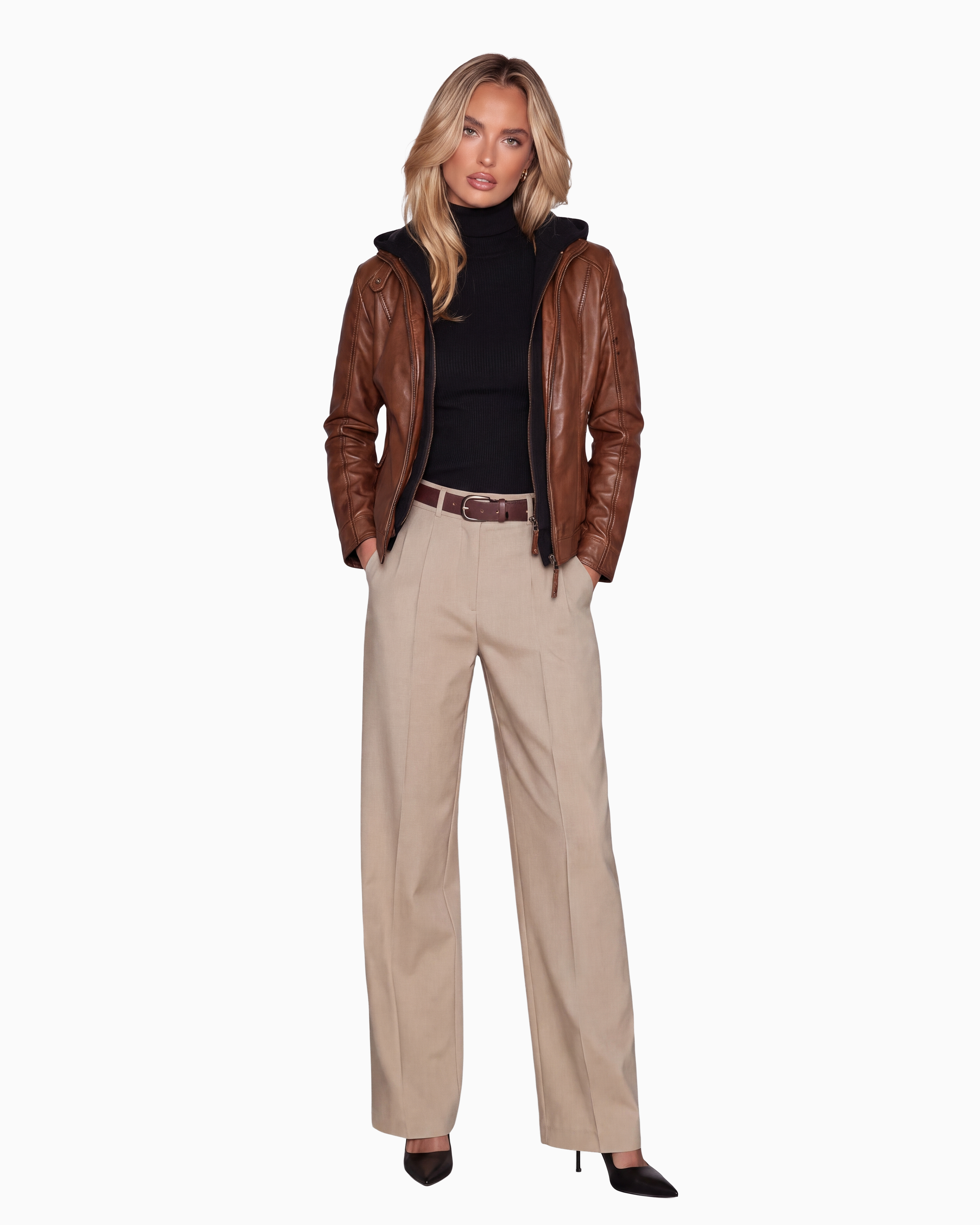 REBECCA BIKER Leather Jacket with Removable Hoodie