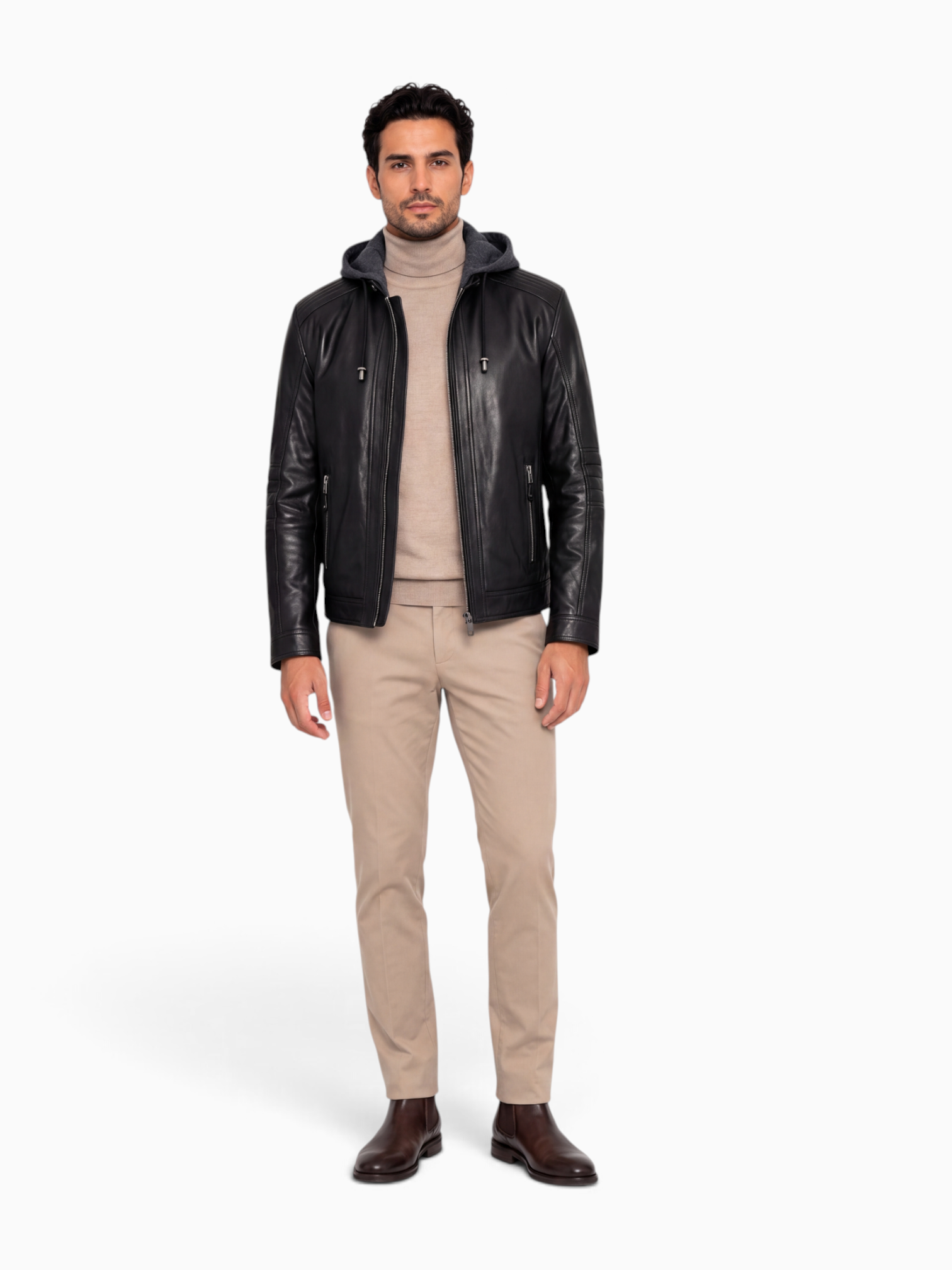 Andrew biker Leather Jacket with Removable Hood