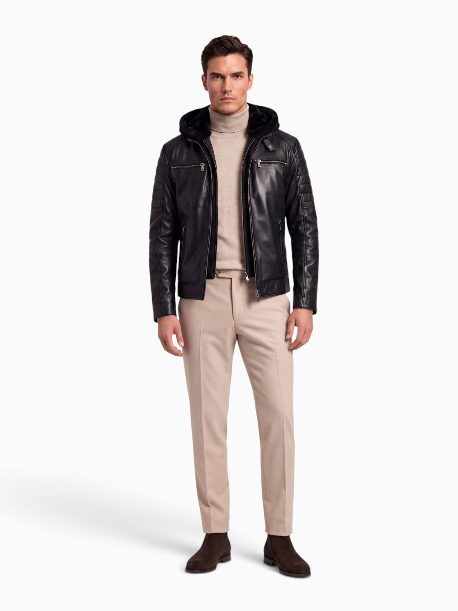 RYDER Men's Genuine Lambskin Leather Jacket with Removable Hood