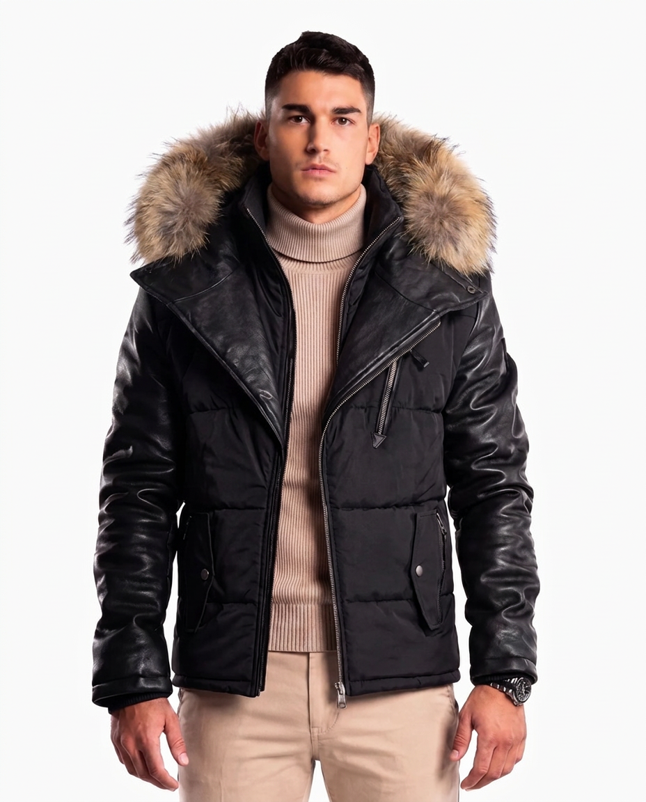 Adamo Leather Sleeves Parka With Fur-thumbmail-1