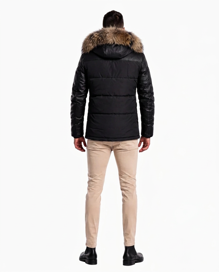 Adamo Leather Sleeves Parka With Fur-thumbmail-3