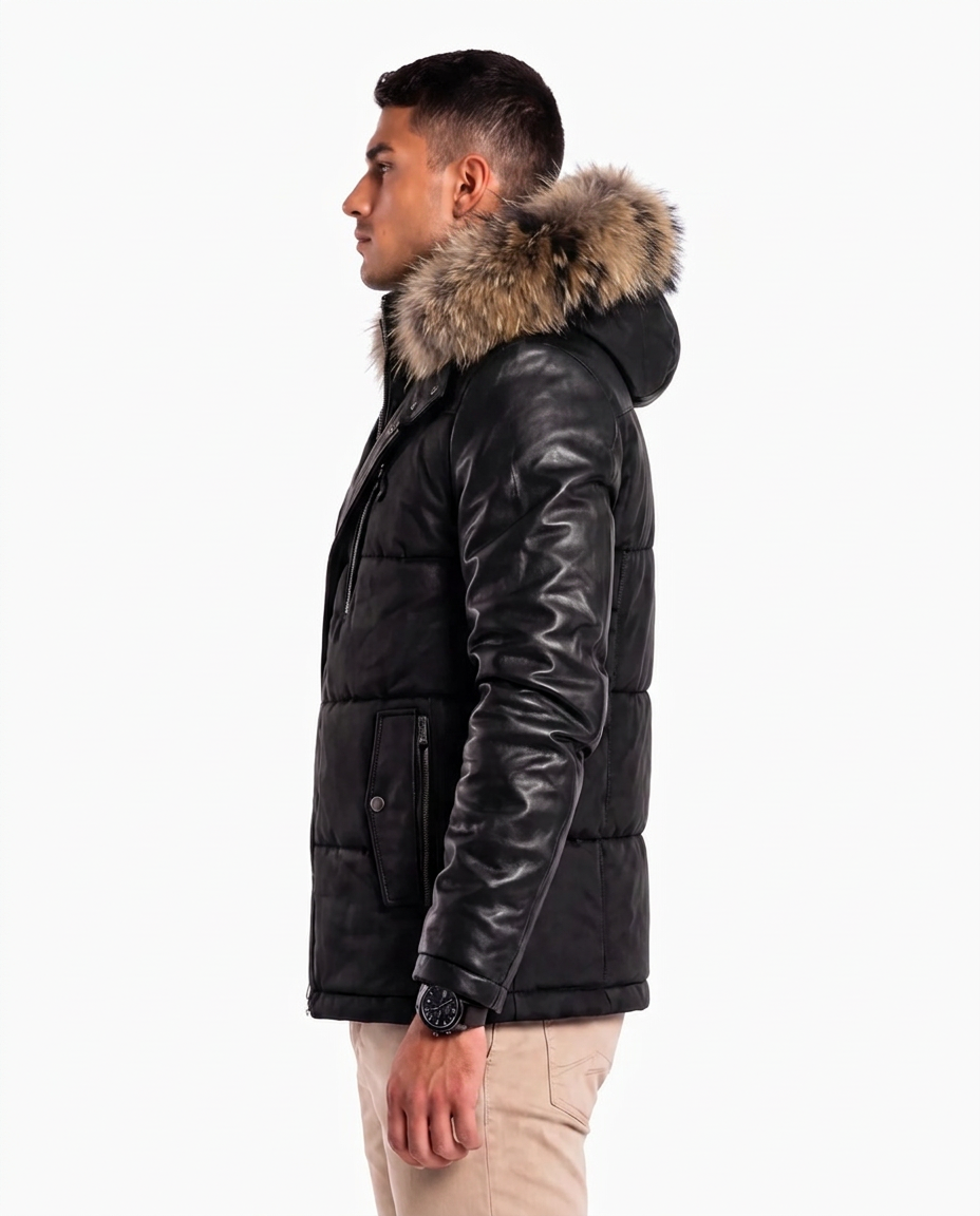 Adamo Leather Sleeves Parka With Fur-thumbmail-2