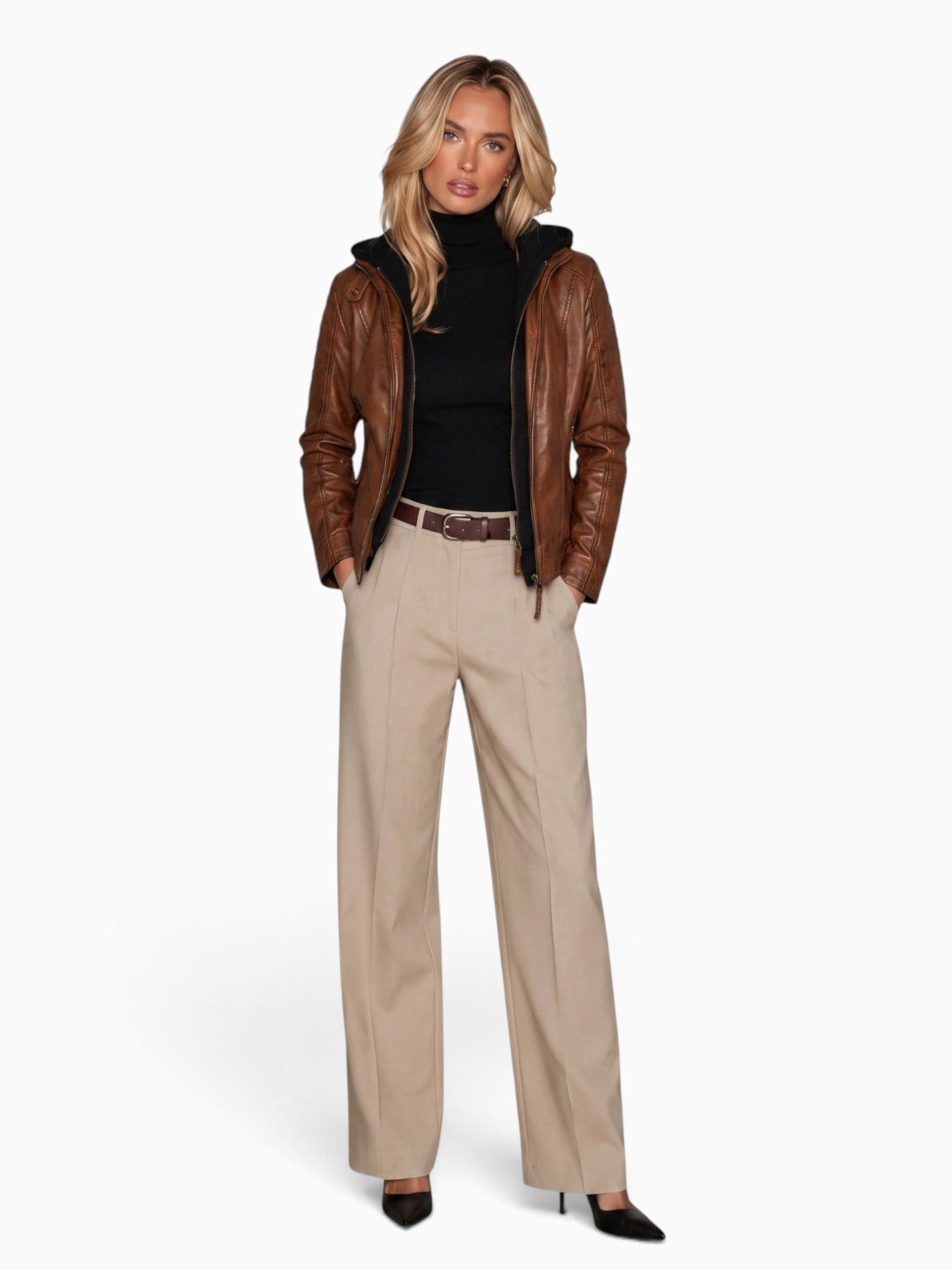 REBECCA BIKER Leather Jacket with Removable Hoodie