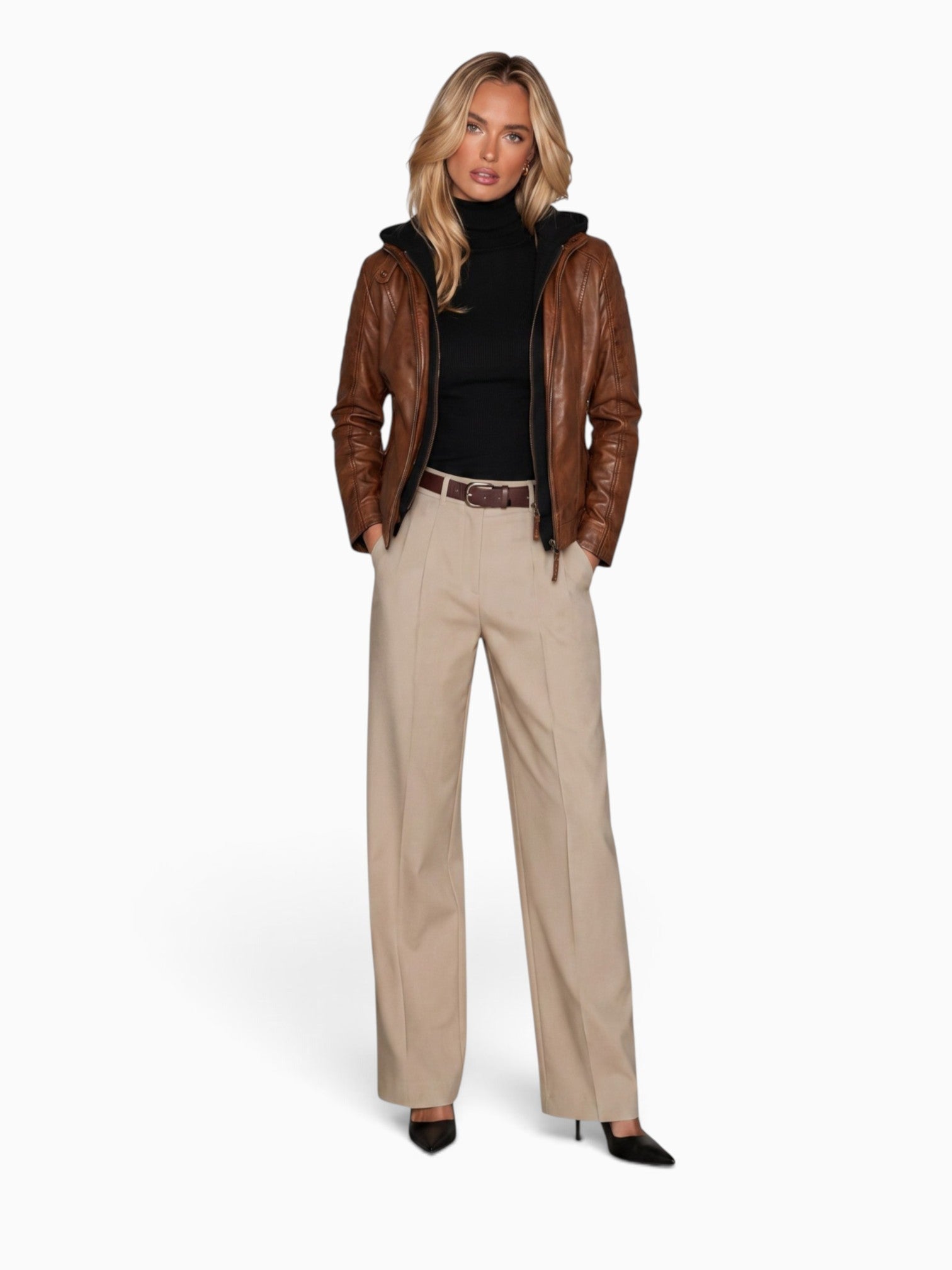 REBECCA BIKER Leather Jacket with Removable Hoodie