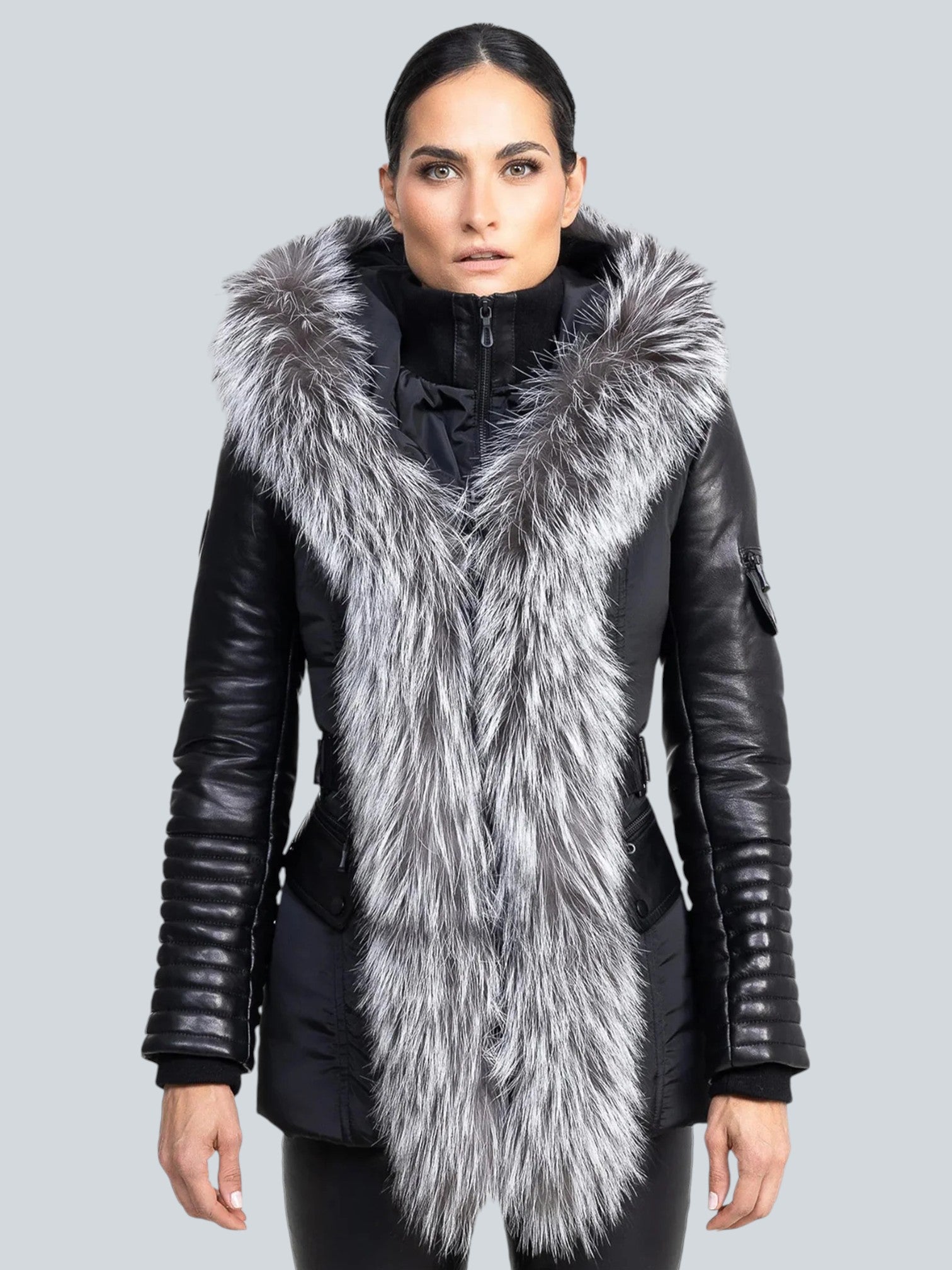 Kim Leather Sleeve Jacket with Silver Fox Fur