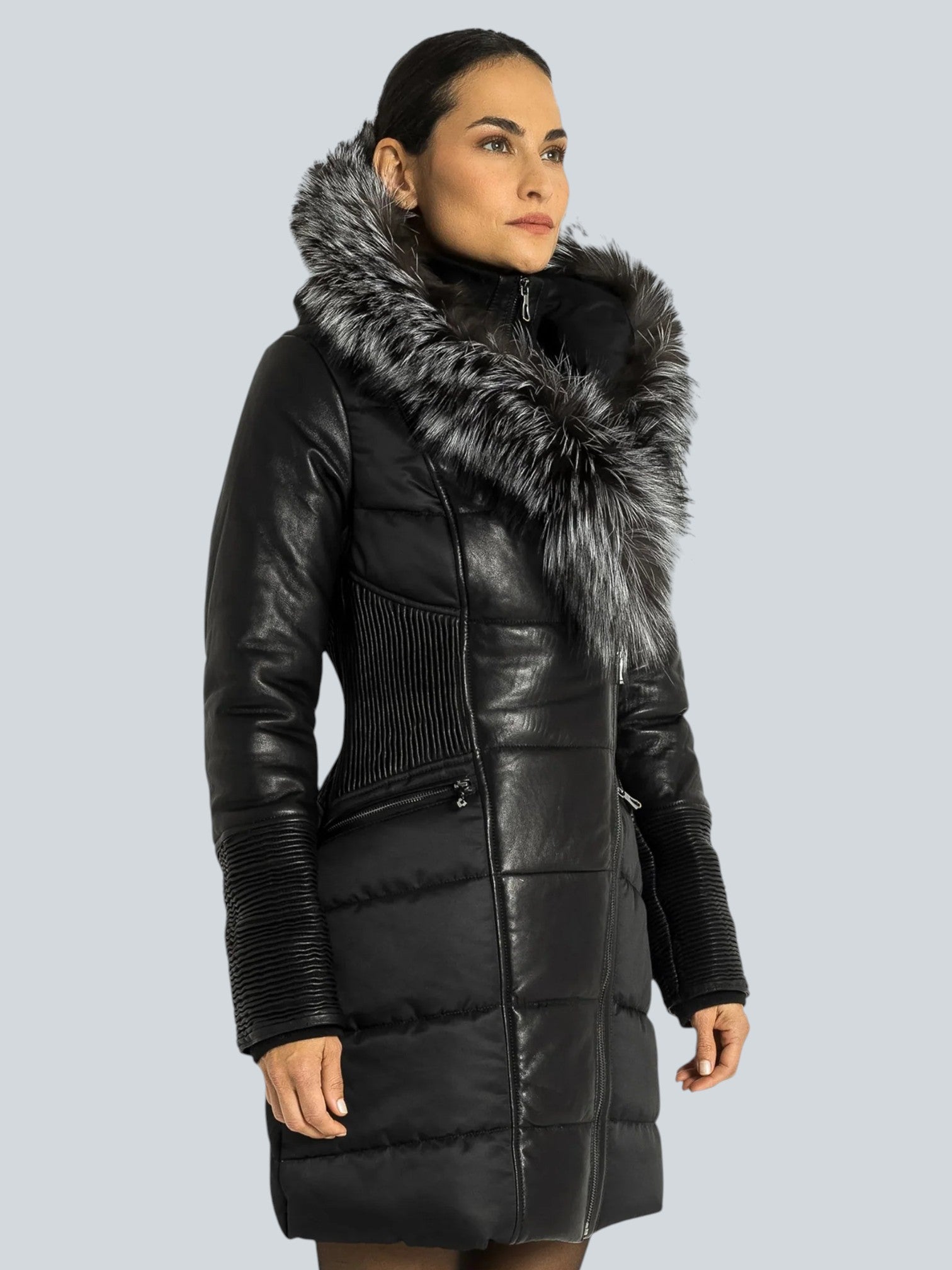 Kylie Leather Sleeve Parka - Silver Fox
