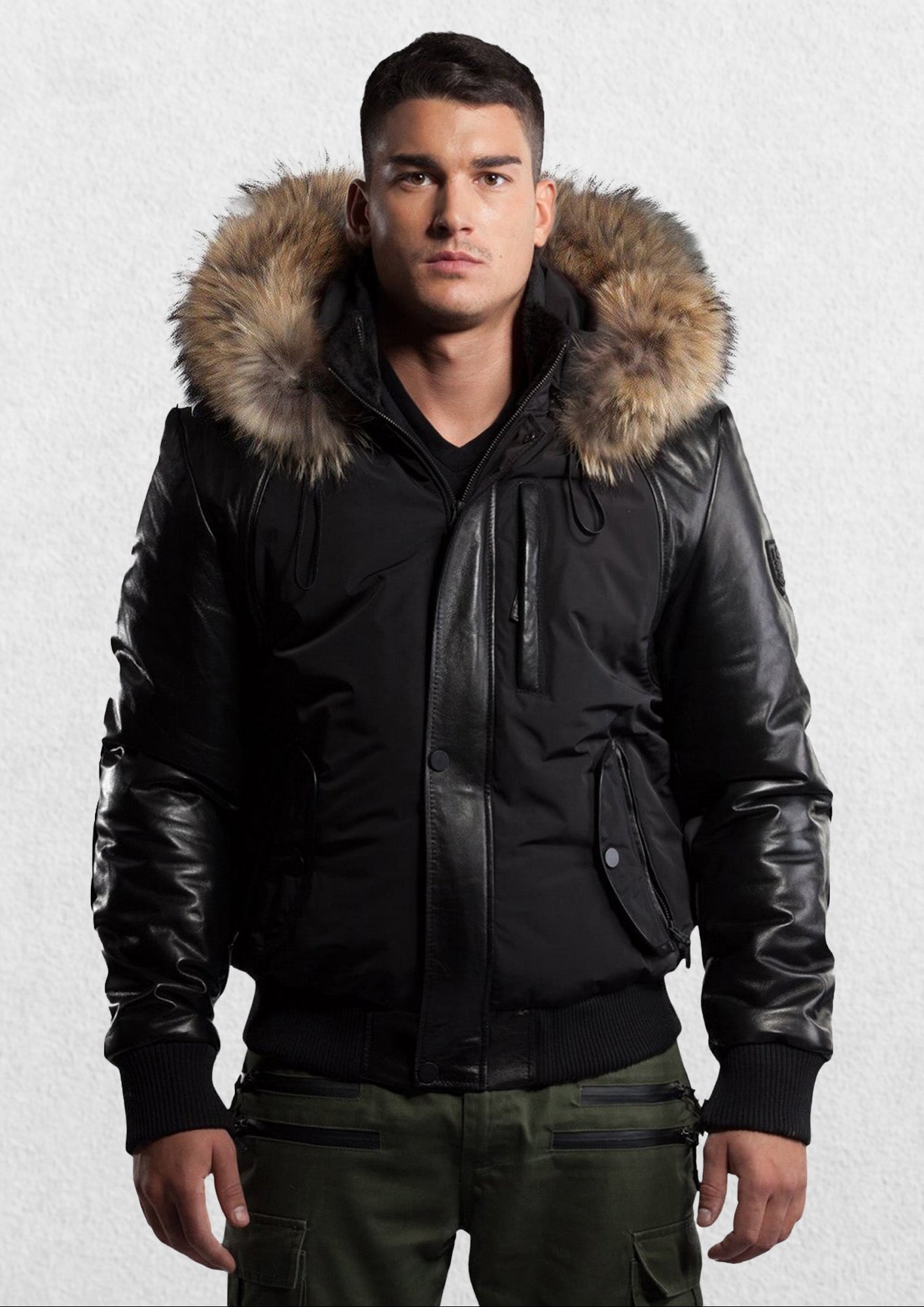 Victor Men's Winter Jacket Leather Sleeves With Natural Fur-3