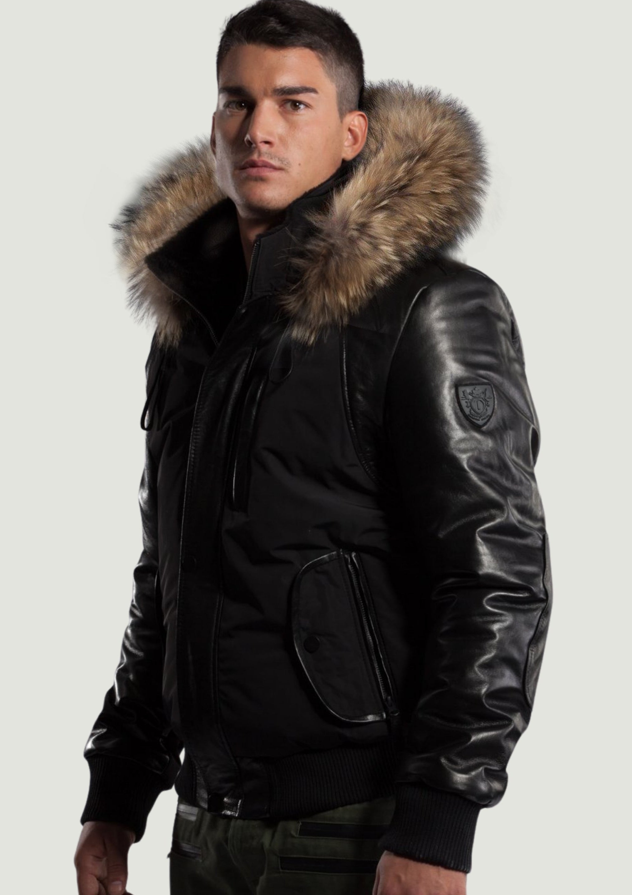Victor Men's Winter Jacket Leather Sleeves With Natural Fur-2