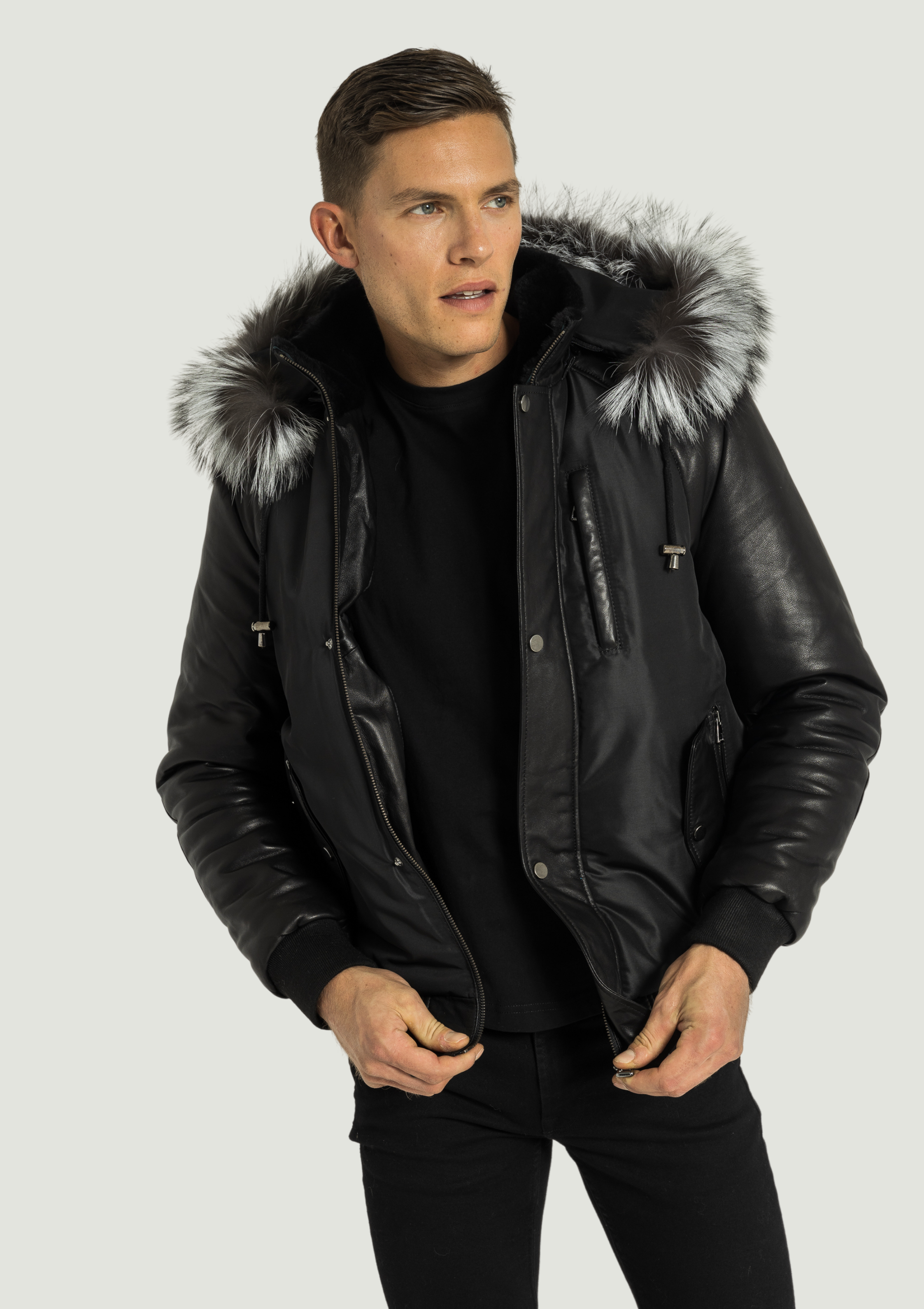 Victor Men's Winter Jacket Leather Sleeves With Silver Fox