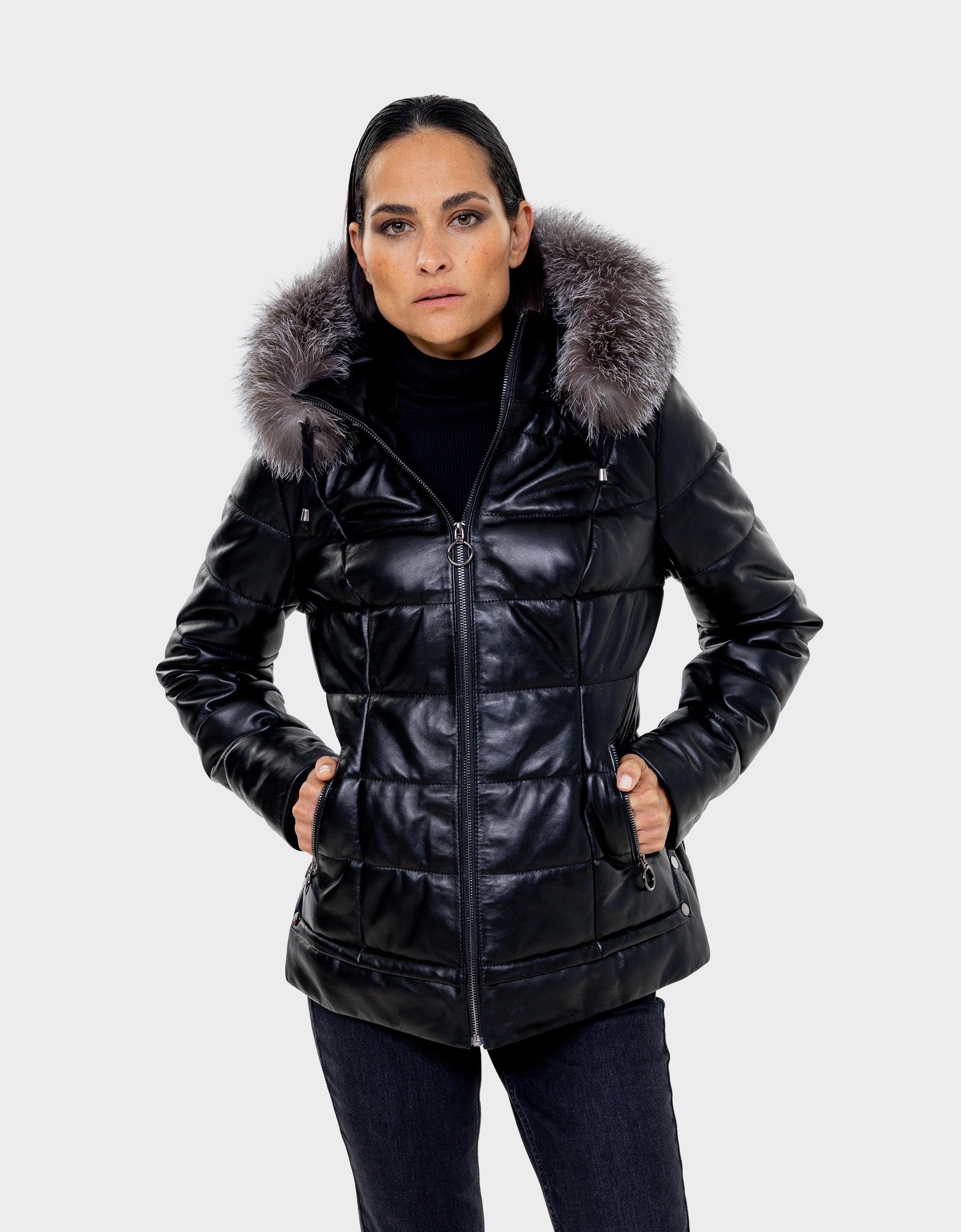 Lyanna Women's Leather Down Coat with Removable Fur