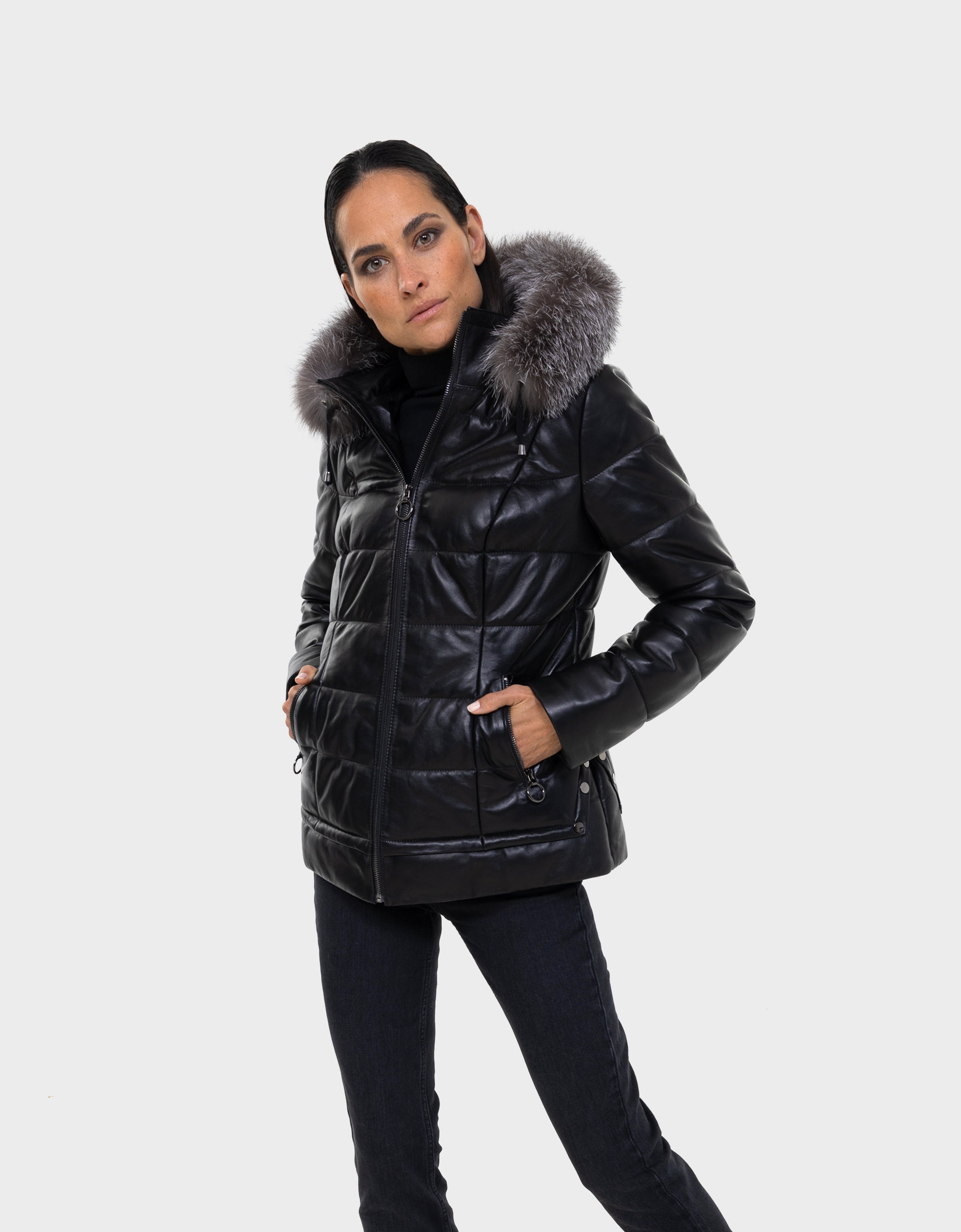 Lyanna Women's Leather Down Coat with Removable Fur